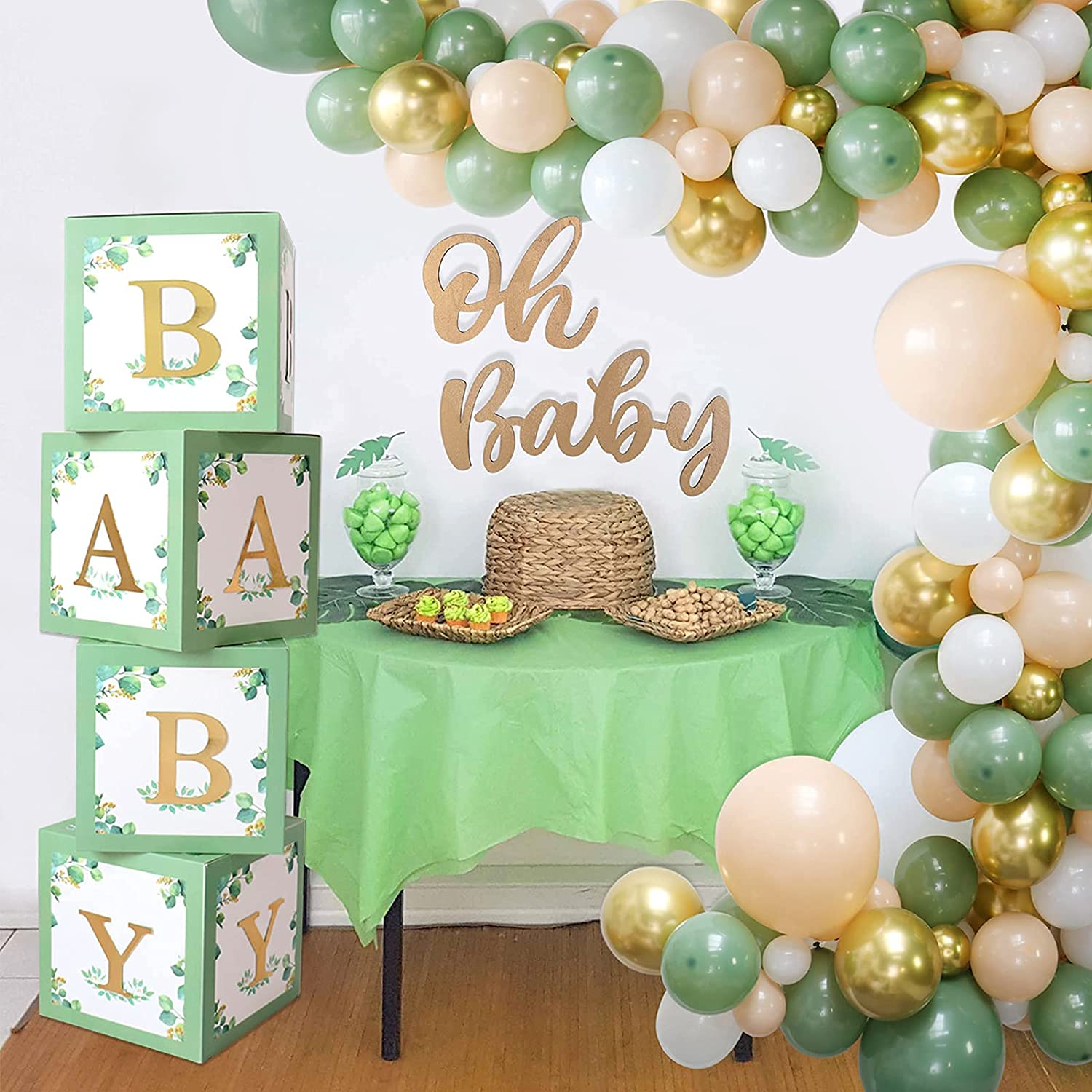 Sage Green Baby Shower Boxes for Birthday Party Decorations - 4 Large BABY Blocks with 4 Set of Gold BABY Letters,Boy Girl Baby Party Boxes for Baby Shower Backdrop,Gender Reveal Party Supplies - White image number 2