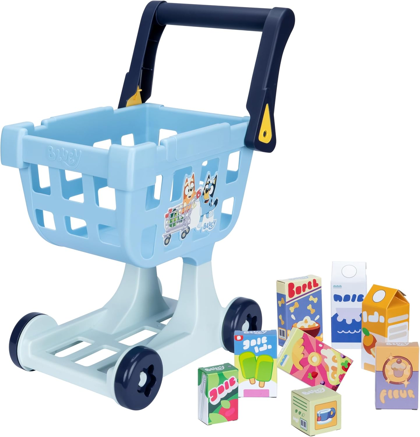 The Bluey Shopping Trolley, with Free-Rolling Wheels and Rotating Handle. the Ideal Size for Toddlers, Stands at 49Cm Tall, 8 Colorful Cardboard Shopping Goods Are Included with This Trolley image number 4