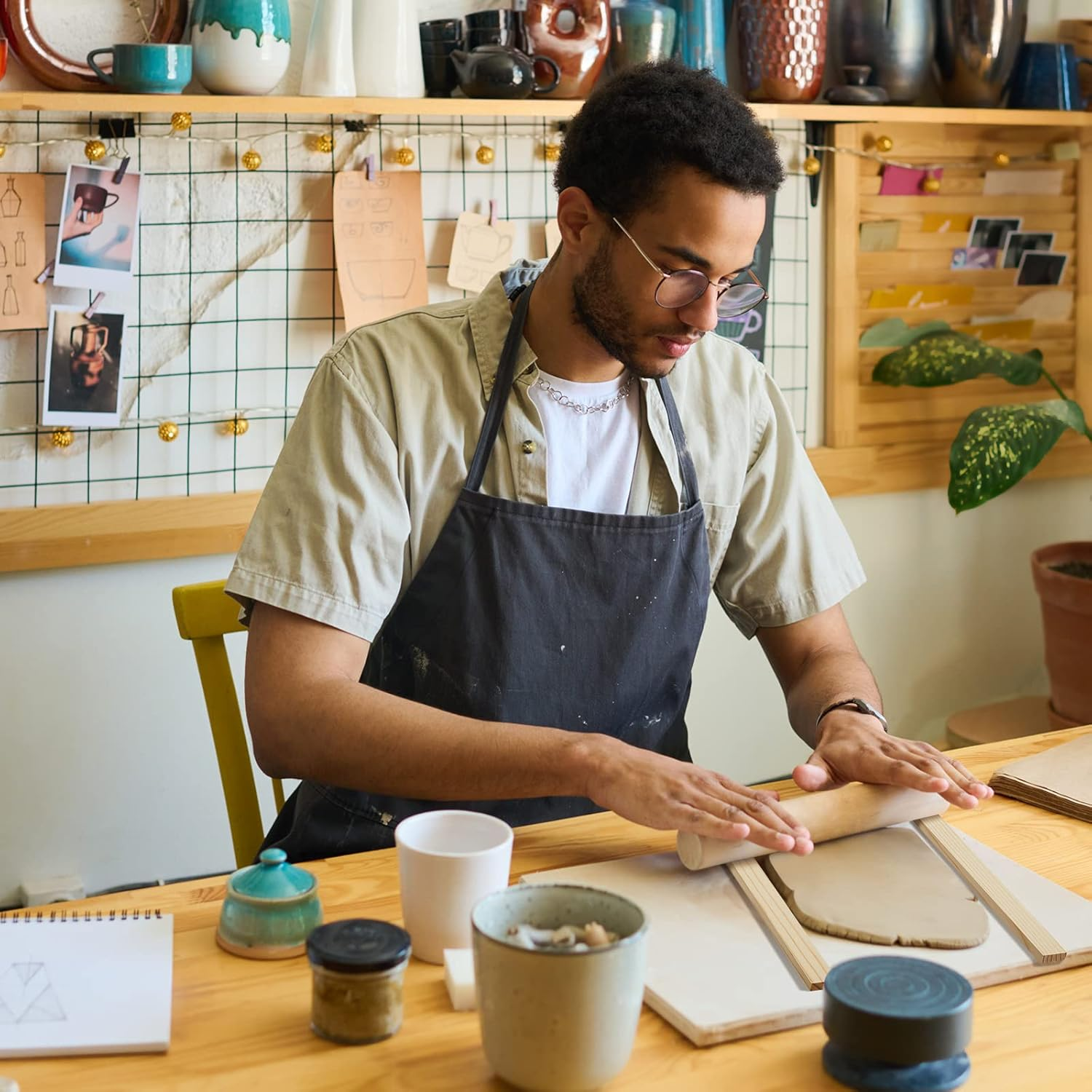 7 Pcs Pottery Teaching Rolling Mud Stick Guide and Wood Rolling Pin Set Include 6 Pcs 15. 8 X 0. 8 Inches Mudboard Guide and Clay Roller Tools for Manual Self Made Clay Gift Decoration image number 2