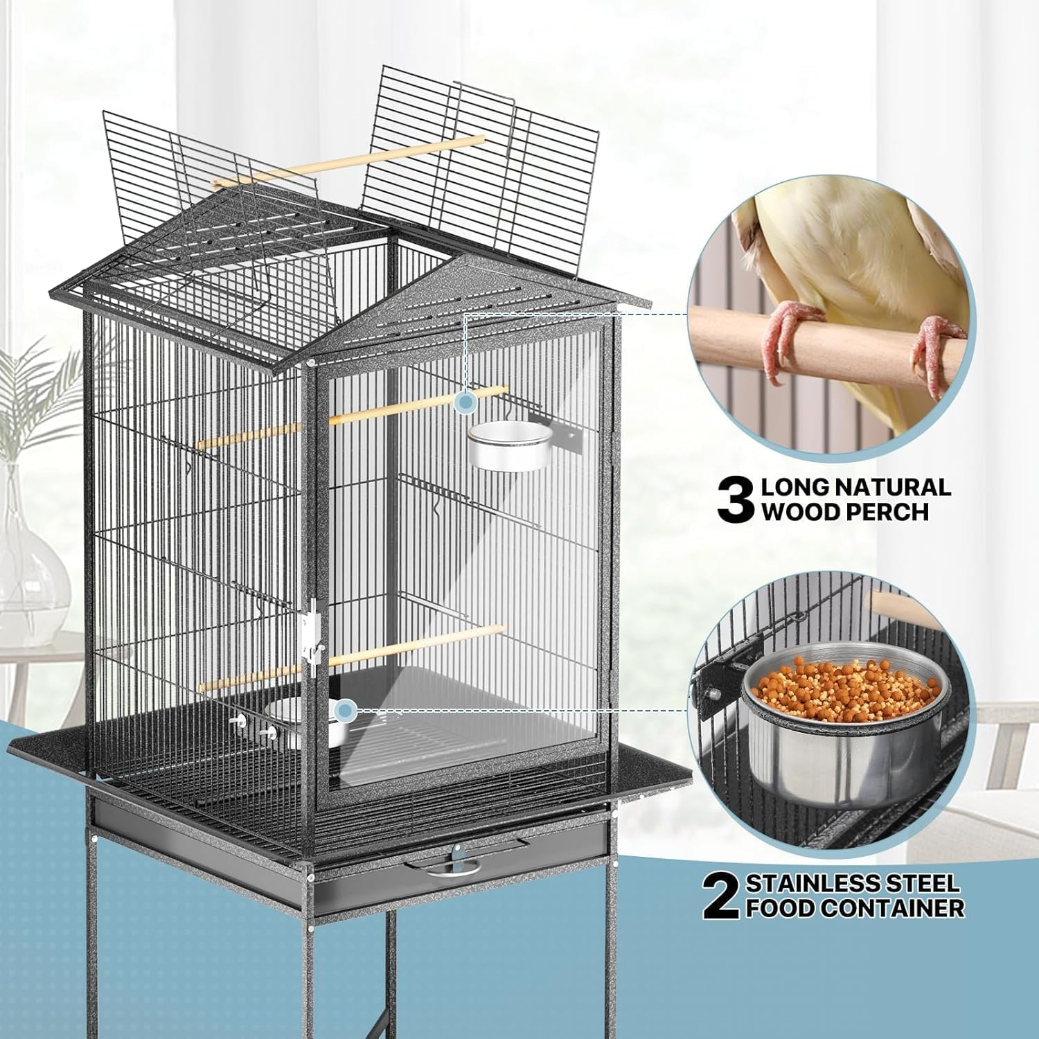 Bird Cage 46 X 46 X 136Cm Large Guinea Pig Pet Birds Parrot Ferret Cages Aviary Budgie Finch Canary Stand Toys,Black 2 Perch with Wheels W/Brake + Slide-Out Removable Tray image number 2