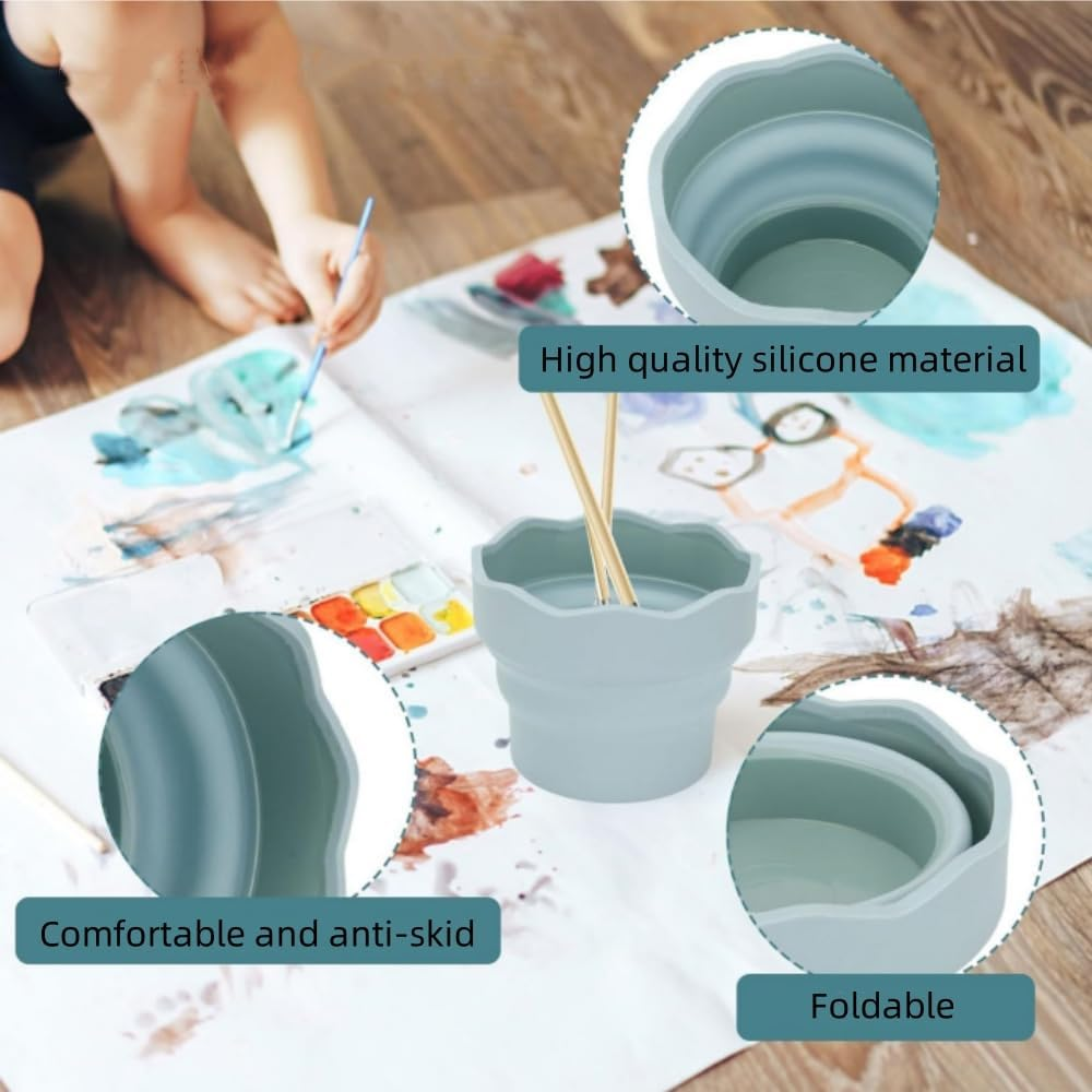 2PCS Collapsible Paint Brush Cleaner Cup,Silicone Handy Paint Cups for Painting Portable Silicone Washing Bucket Brush Holder Cleaner for Watercolor Oil Painting image number 3