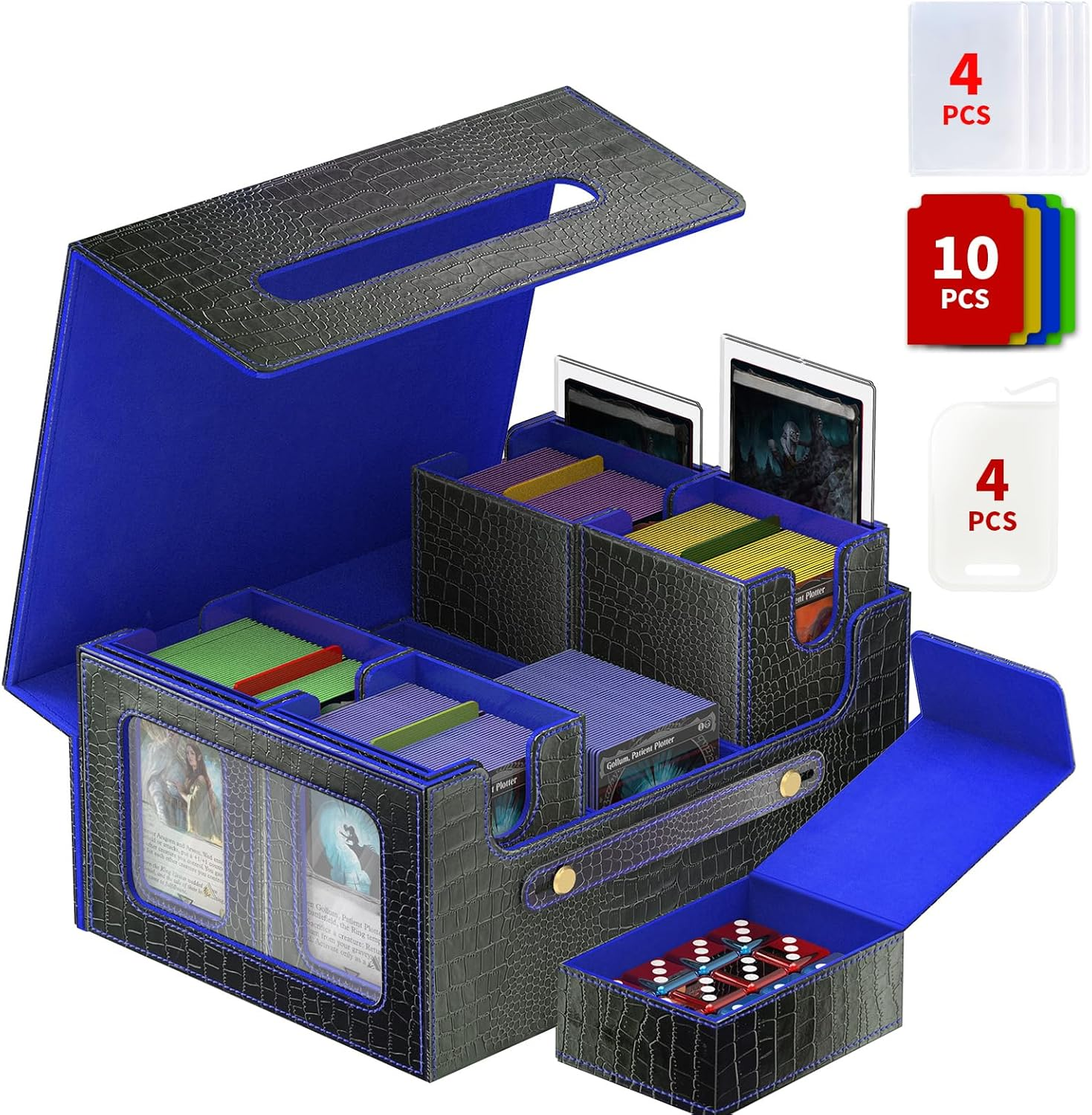 Cyperever Leather Trading Card Storage Box for MTG, Card Storage Box with Commander Deck Display, MTG Deck Box, TCG Sports Case, 4 Toploaders, 4 Stoppers, 10 Colorful Dividers (Black & Red)