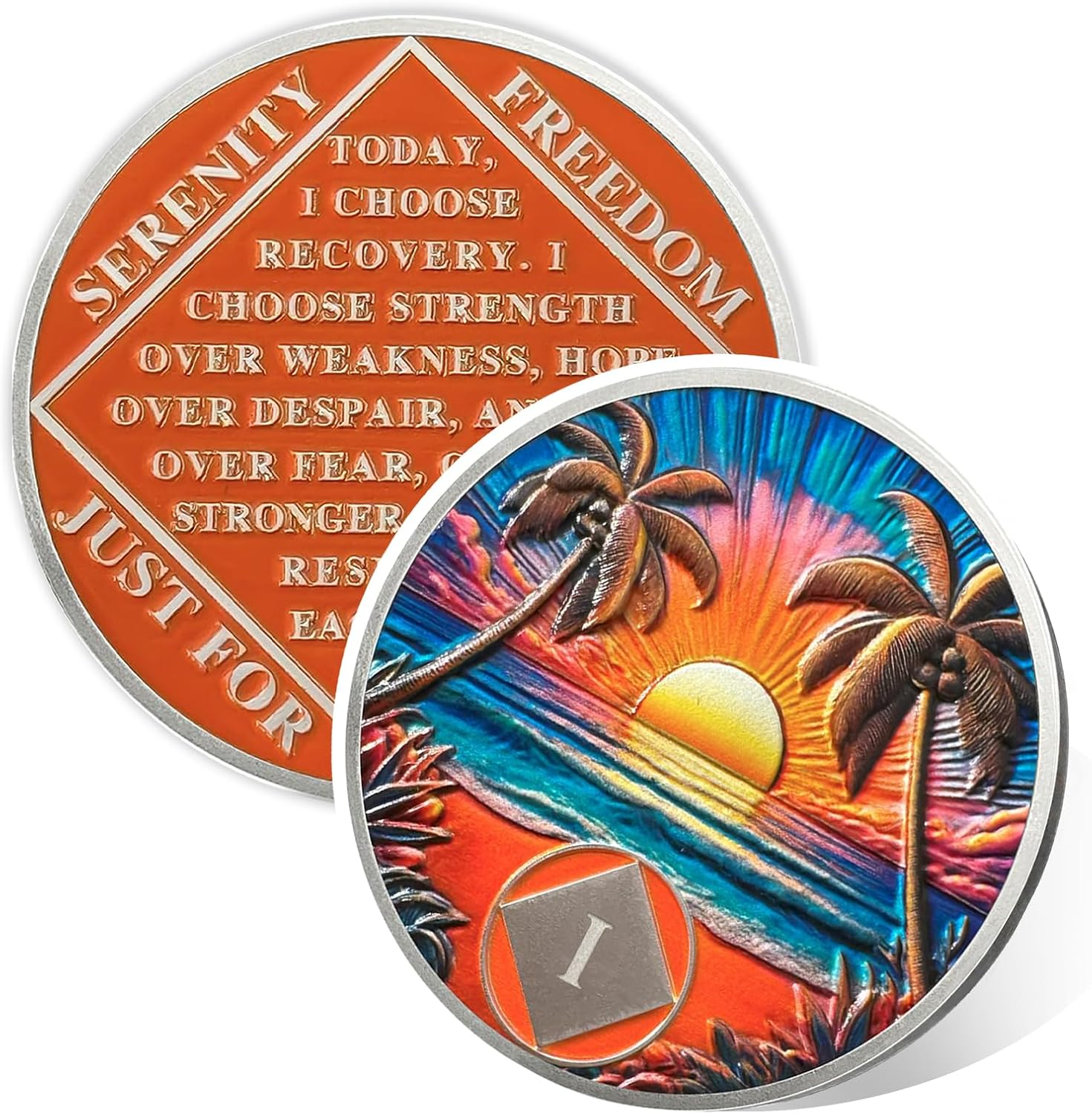 Beach Sunset 3 Year Sobriety Coin- Affirmation Sober Chip and AA Medallion, Alcoholics Anonymous Sobriety Gifts, Addiction Recovery Coin for Men and Women