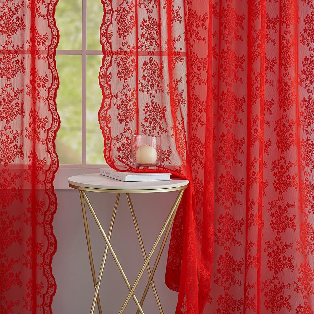 YJ Yanjun Red Sheer Curtains 96 Inches Long for Living Room 2 Panels Set, Beautiful Flower Christmas Lace Curtains Xmas Valentine'S Decor Window, 52 X 96 Inches,Red image number 7