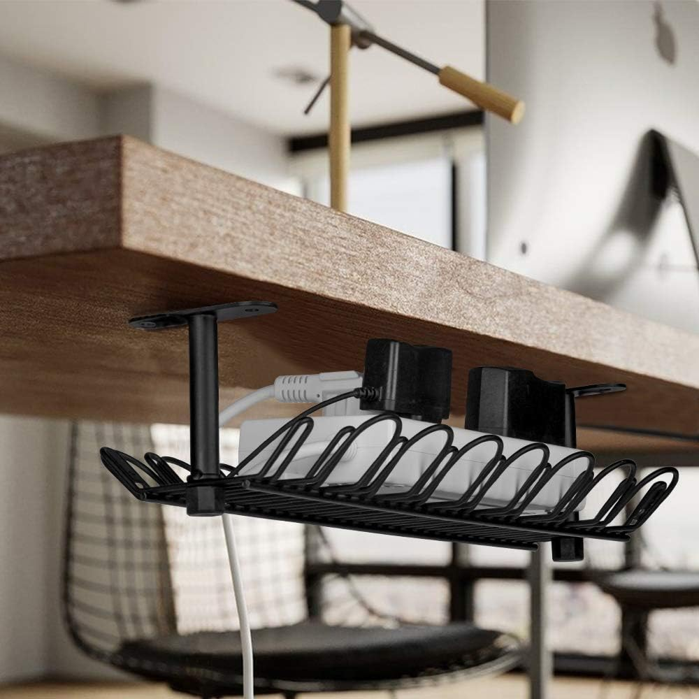 Under Desk Cable Management Tray 2 Packs, 36.5Cm Cord Organizer for Wire Organization, Heavy Metal Holder for Computer Home Office Kitchen Workstation to Cover and Hide Power Strips (Black) image number 4