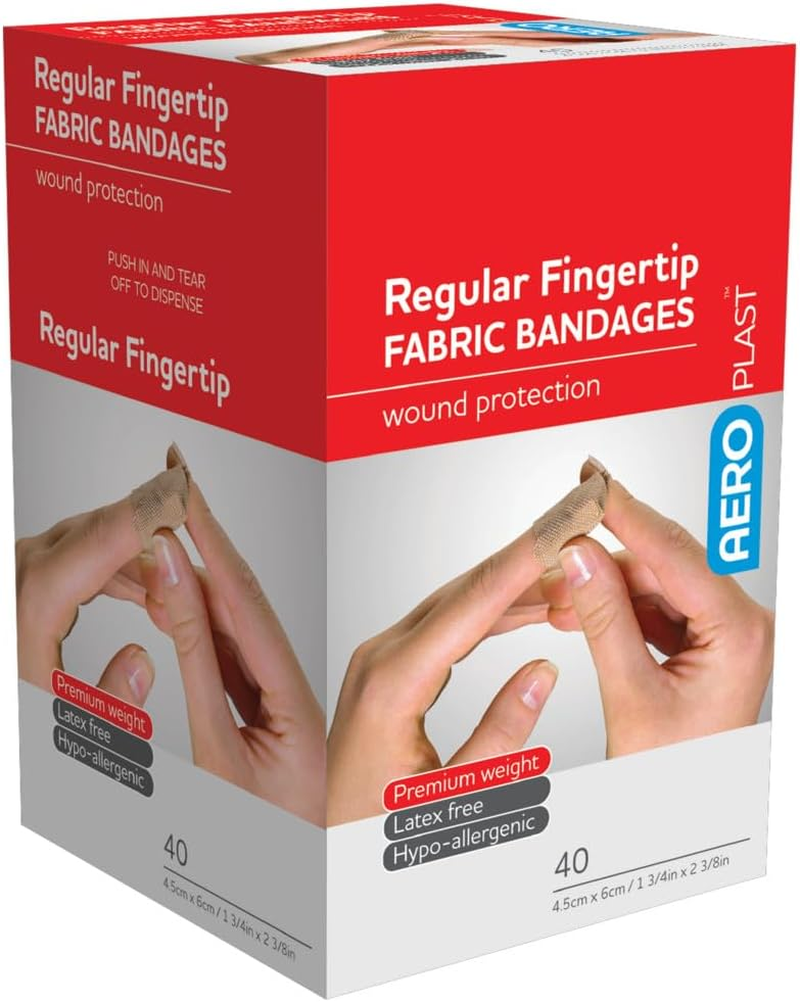 AEROPLAST Premium Fabric Regular Fingertip Dressings, Fabric Plasters, Breathable Heavy‑Duty Flexible Adhesive Bandage with Strong Hold, Hypo‑Allergenic and Latex‑Free for Sensitive Skin, 6 Cm X 4.5 Cm, Box of 40