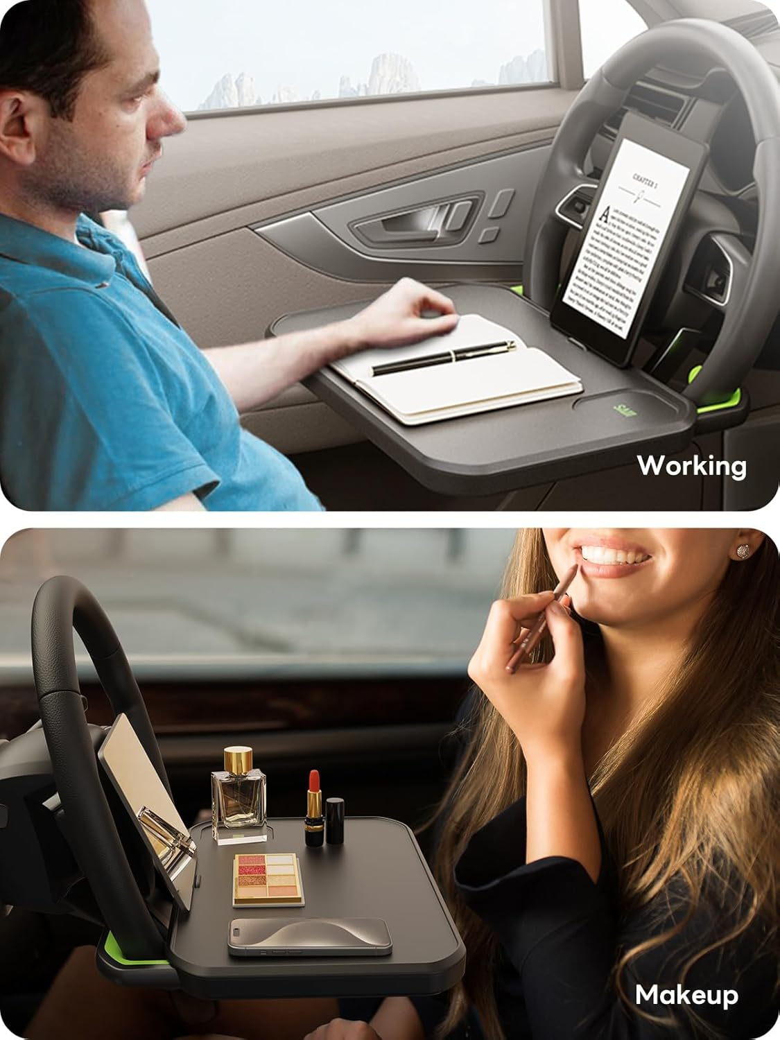 SAIJI Car Steering Wheel Desk with Retractable Slot, Car Food Tray with Anti-Scratch Silicone Steering Wheel Slot, Car Table Tray for Eating with Cup Holder, Multifunctional Travel Car Accessories image number 3