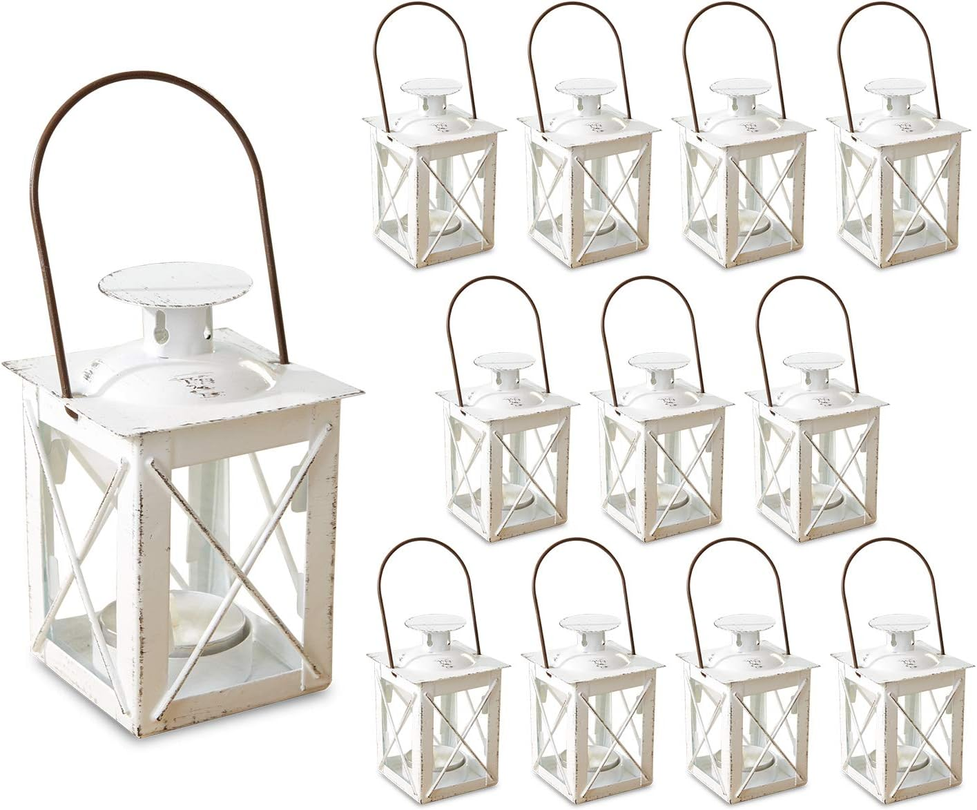 Kate Aspen Decorative Lanterns - Set of 12 - Luminous Distressed Metal Lantern Candle Holders for Wedding, Home Decor and Party - 4.5" H (6.5" H with Handle) &ndash; White image number 4
