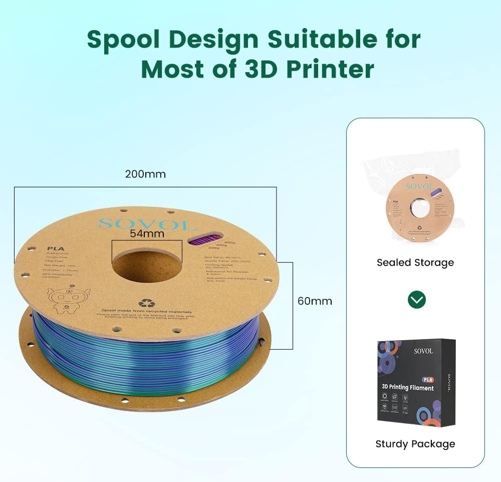 Sovol Silk PLA Filament 1.75Mm, Tri Color Bronze Purple Green Co-Extrusion Material Dimensional Accuracy +/-0.03Mm, 1Kg/2.2Lbs image number 3