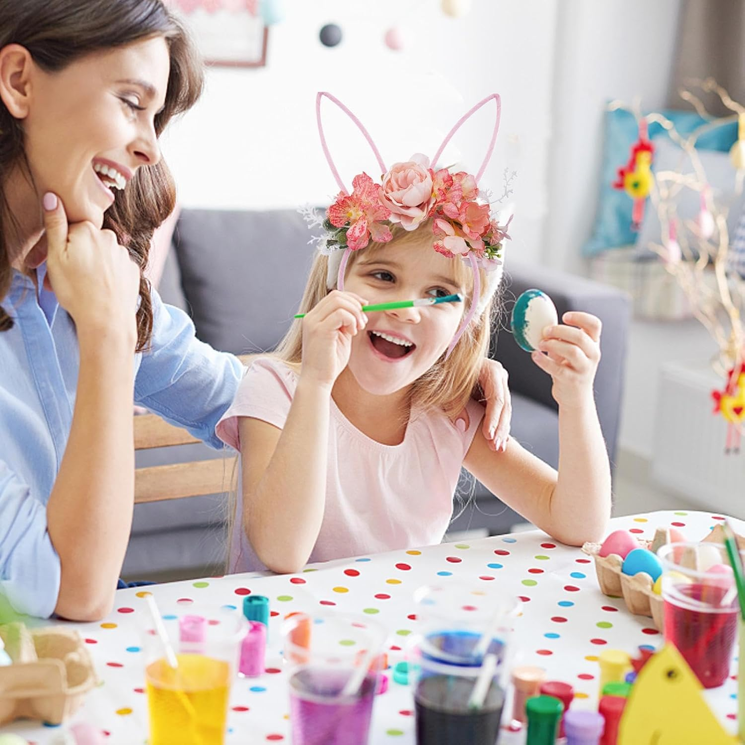 Bunny Ears Headbands - Costumes Hairband with Flowers,Easter Headbands for Girls - for Costume Kids Christmas Halloween Party Valentine'S Day Women image number 2