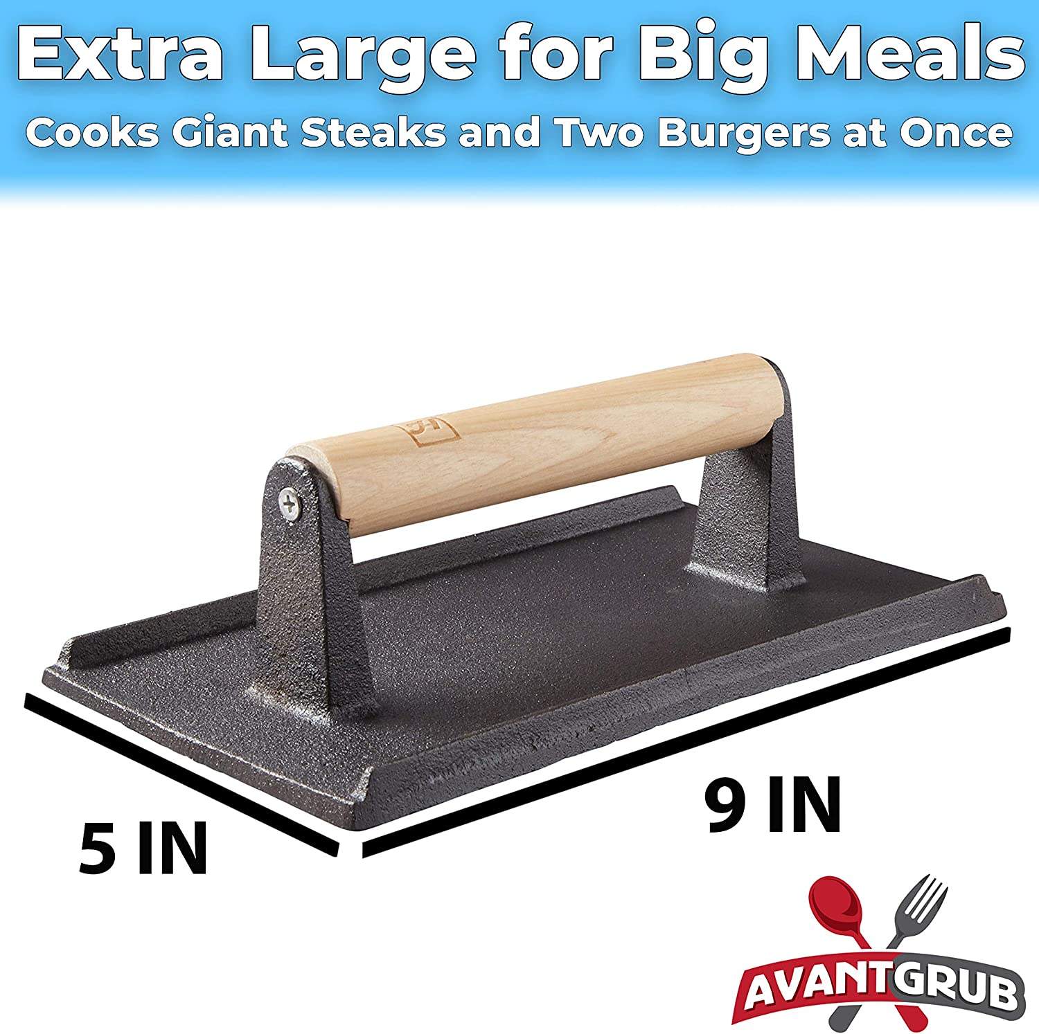 Pro Grade, Pre Seasoned Cast Iron Grill Weight 2Pk. Heavy Duty Steak and Burger Press with Wooden Handle for Grills, Griddles and Flattops. Perfect Gadget for Bacon, Paninis, Sandwiches and Vegetables image number 4