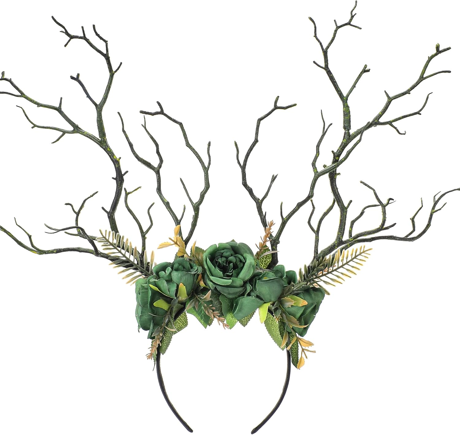 MOSTORY Fairy Forest Branch Headband Floral Forest Headband with Brown Antler Headwear for Renaissance Accessories Women Witch Outfit Renfaire Halloween Cosplay Fantasy Photo Shoot image number 2
