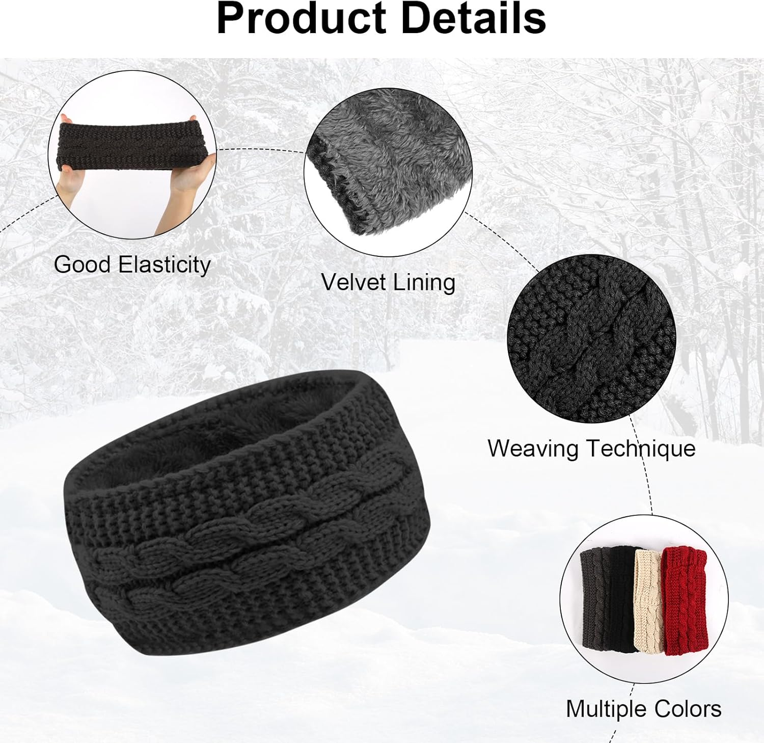 Pack of 4 Women'S Winter Warm Headband Winter Thick Knitted Headbands Lined Winter Headband Women for Running Workout Skiing image number 6