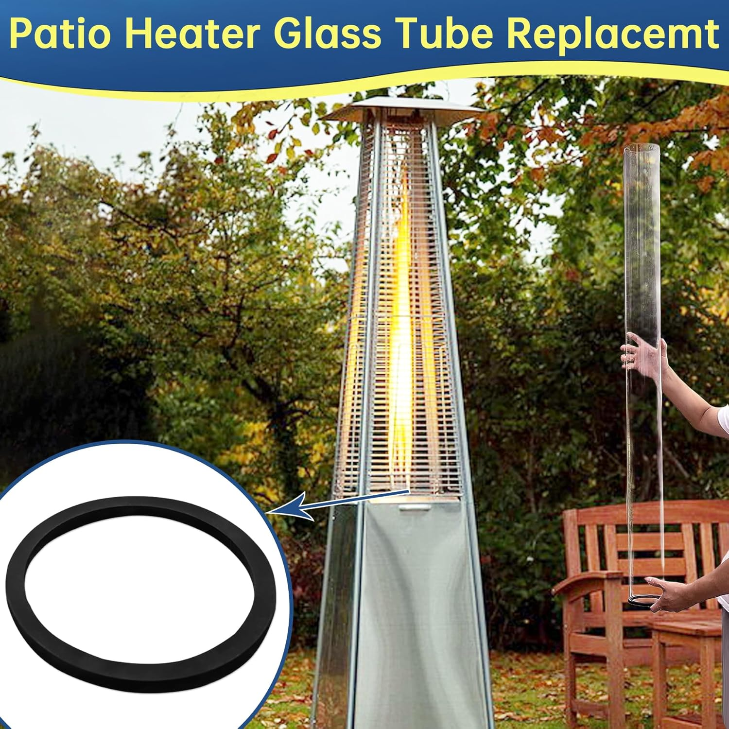 Patio Heater Glass Tube Replacement, 49.5" Tall 4" Diameter, Glass Tube Patio Heater with Ring, Fits 4-Sided Patio Heaters, Compatible with Hiland, Fire Sense, and More image number 1