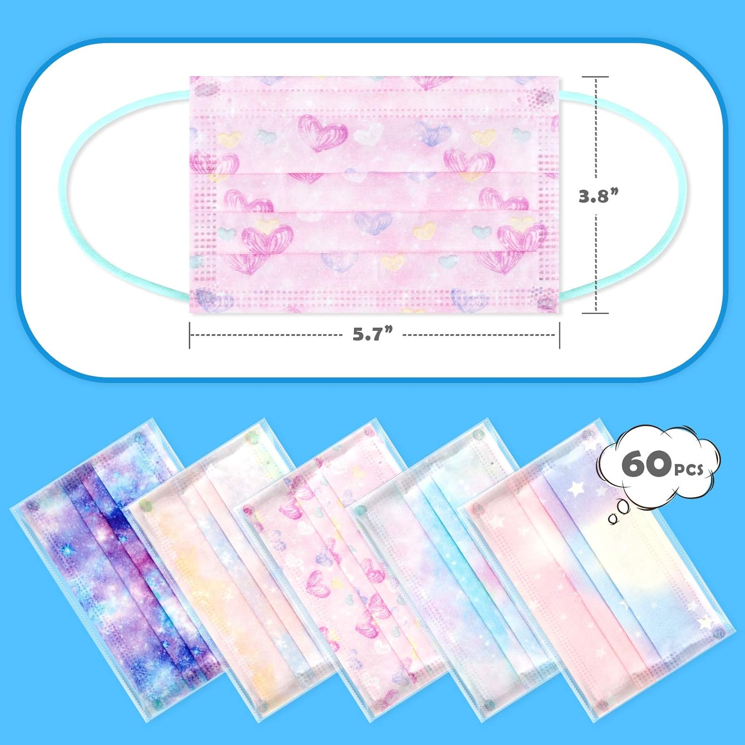 60PCS Kids' Disposable Protective Face Masks for Girls Fantasy Universe Magic Rainbow Mesh Princess Gradient Colors Star Heart Pattern Individually Wrapped Skin-Friendly 3-Layer Filter Comfortable Fit
