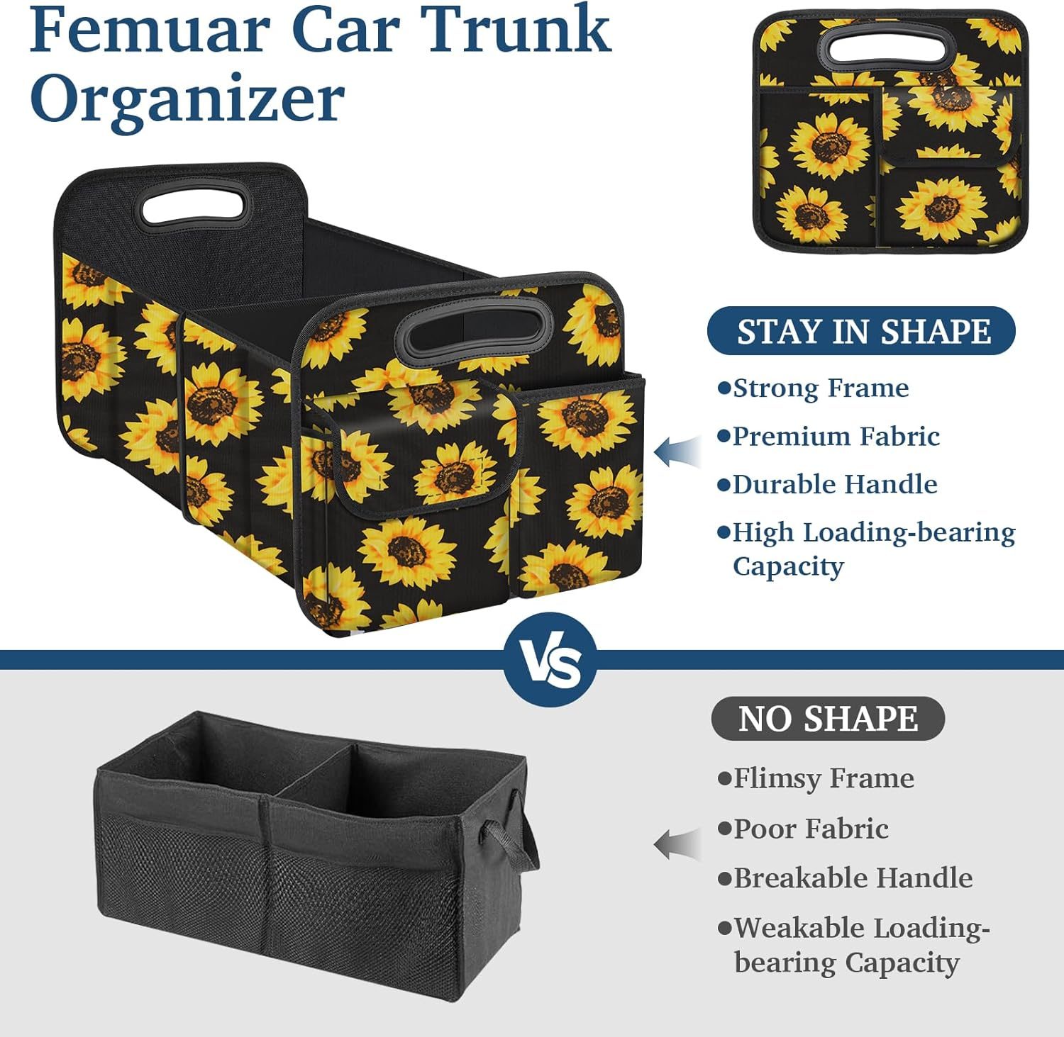 Femuar Car Trunk Organizer, Car Storage Organizer with Large Capacity Waterproof Collapsible Trunk Organizer for Car Suv/Jeep/Sedan (Sunflower, Standard) image number 2