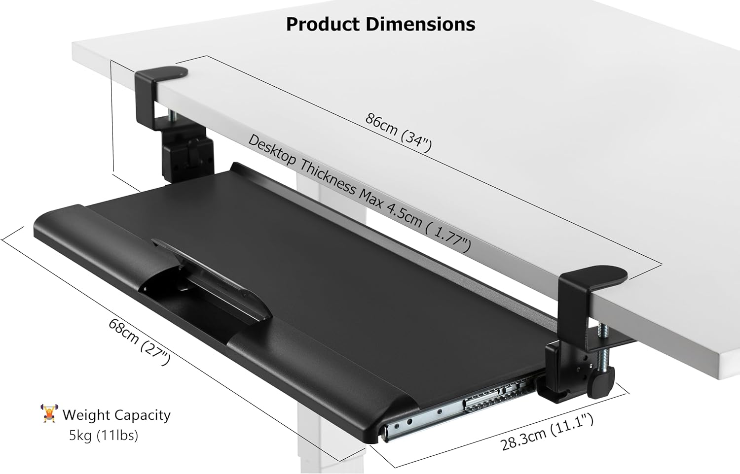 Officeozone Keyboard Tray, Clamp-On, 68Cm (26.8"), Tool-Free Tilt, ABS & Steel, Black image number 2