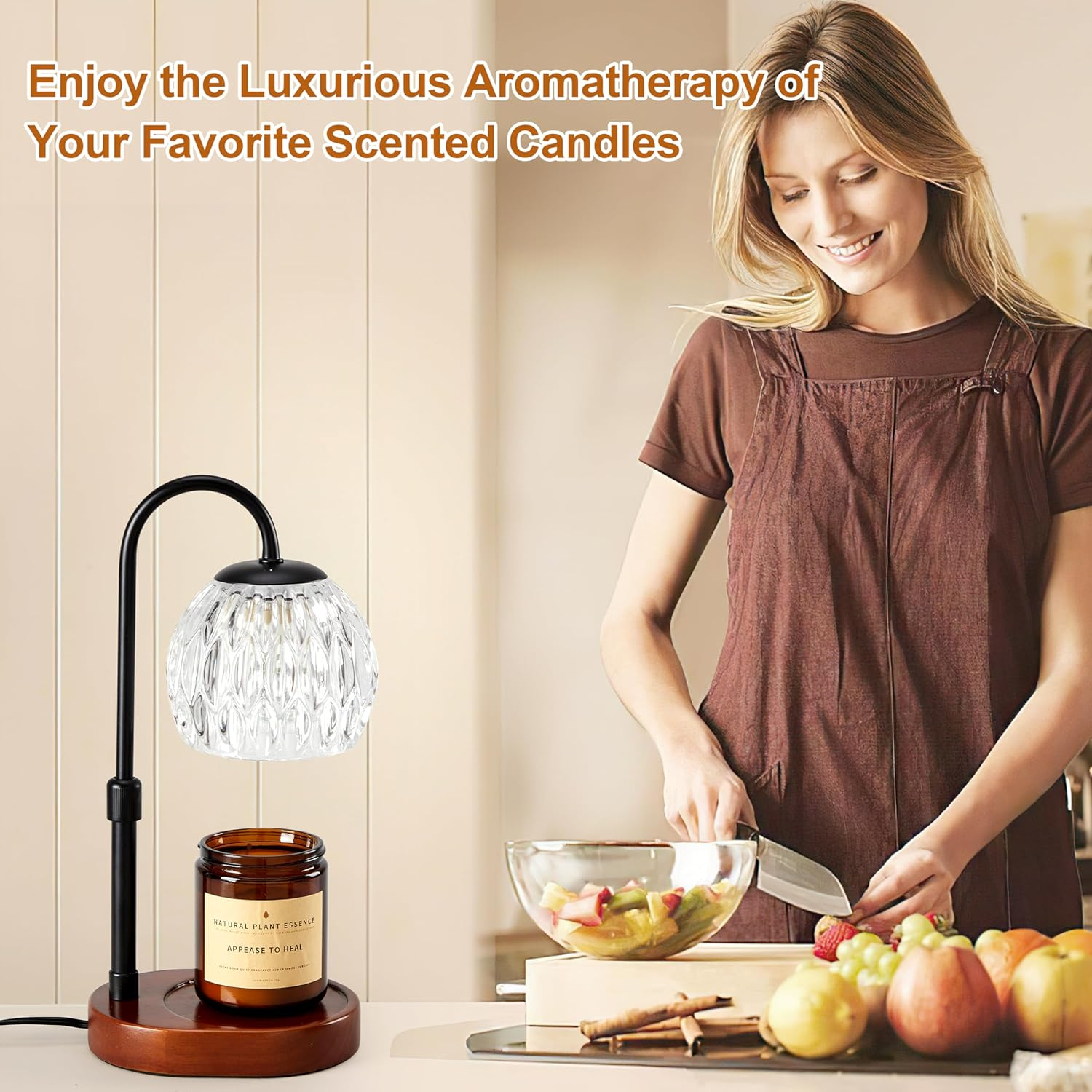 Dreamholder Candle Warmer Lamp, Glass Electric Wax Melter Lamp with Timer & Dimmer, Vintage Wax Warmer Adjustable Height for Various Sizes Scented Candles for Home Decor Gifts, 2X50W Bulbs, Black - Natural Wood image number 5