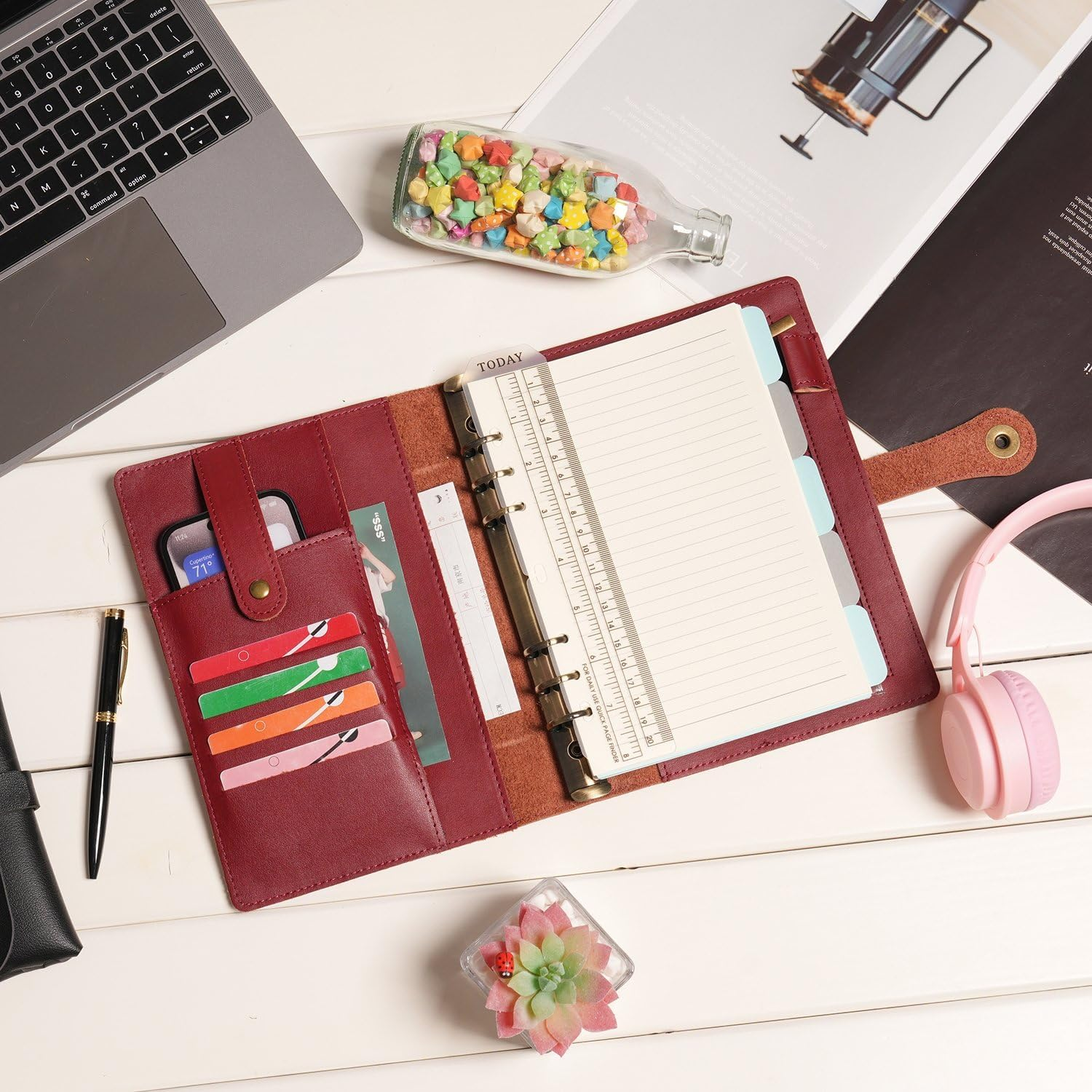Wonderpool A5 Binder Journal Leather Spiral Notebook Refillable College Ruled Paper, Budget Binder Rings Diary Organizer with Pen for Office School Travel Business Planning Writing (Wine Red,A5) image number 5