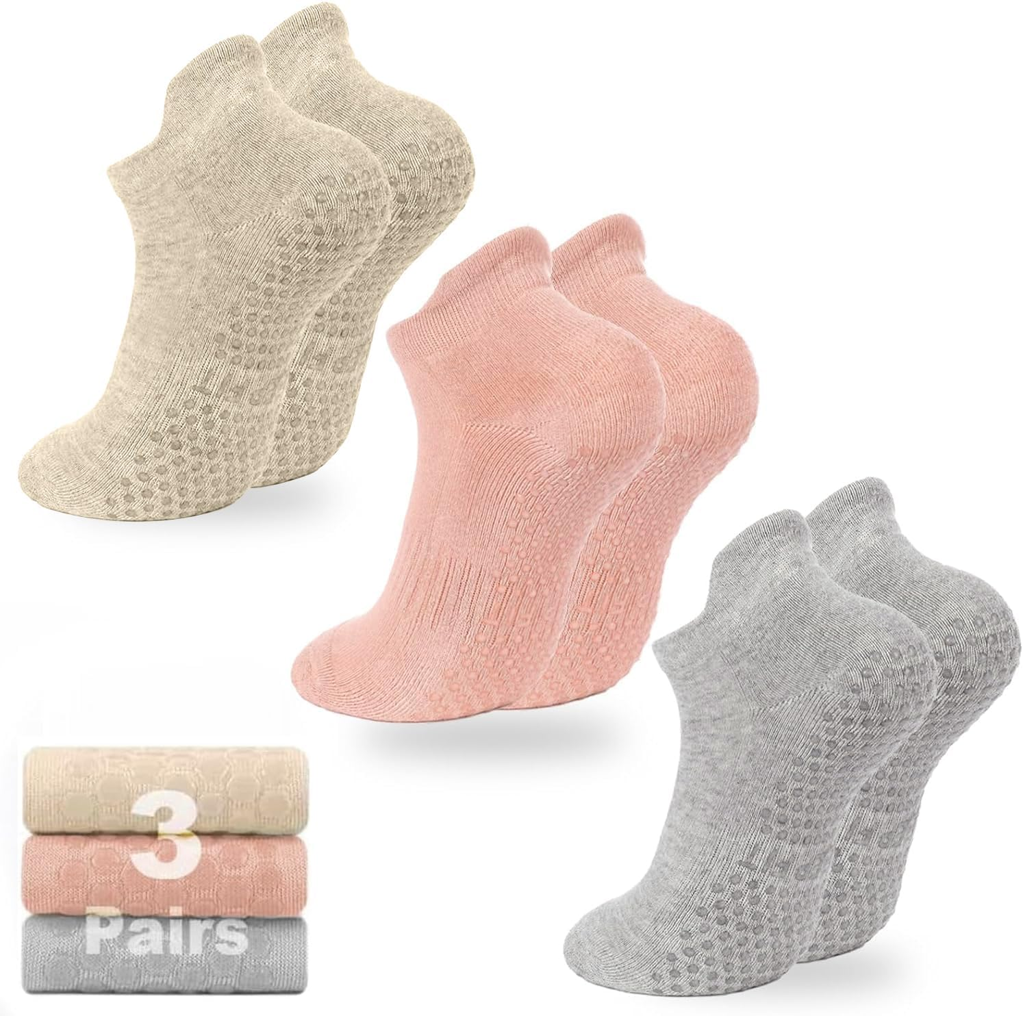3 Pairs Cushioned Sole Pilates Socks with Grips for Women - Non-Slip Yoga and Ballet Barefoot Workout Grippy Socks - Anti-Skid Athletic Footwear