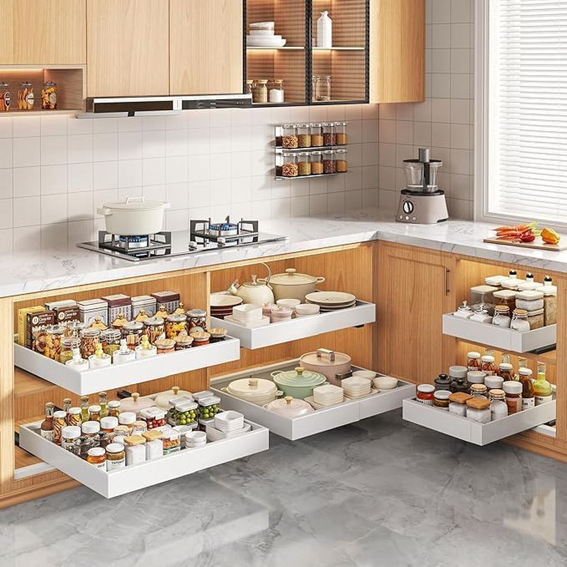 2 Pack Pull Out Drawers for Cabinets Expandable. Adjustable Width (32-52Cm), 42Cm Deep White Storage Drawer with 3 Slide Rails for Kitchen Pantry Cabinet, Adhesive Film Included image number 4