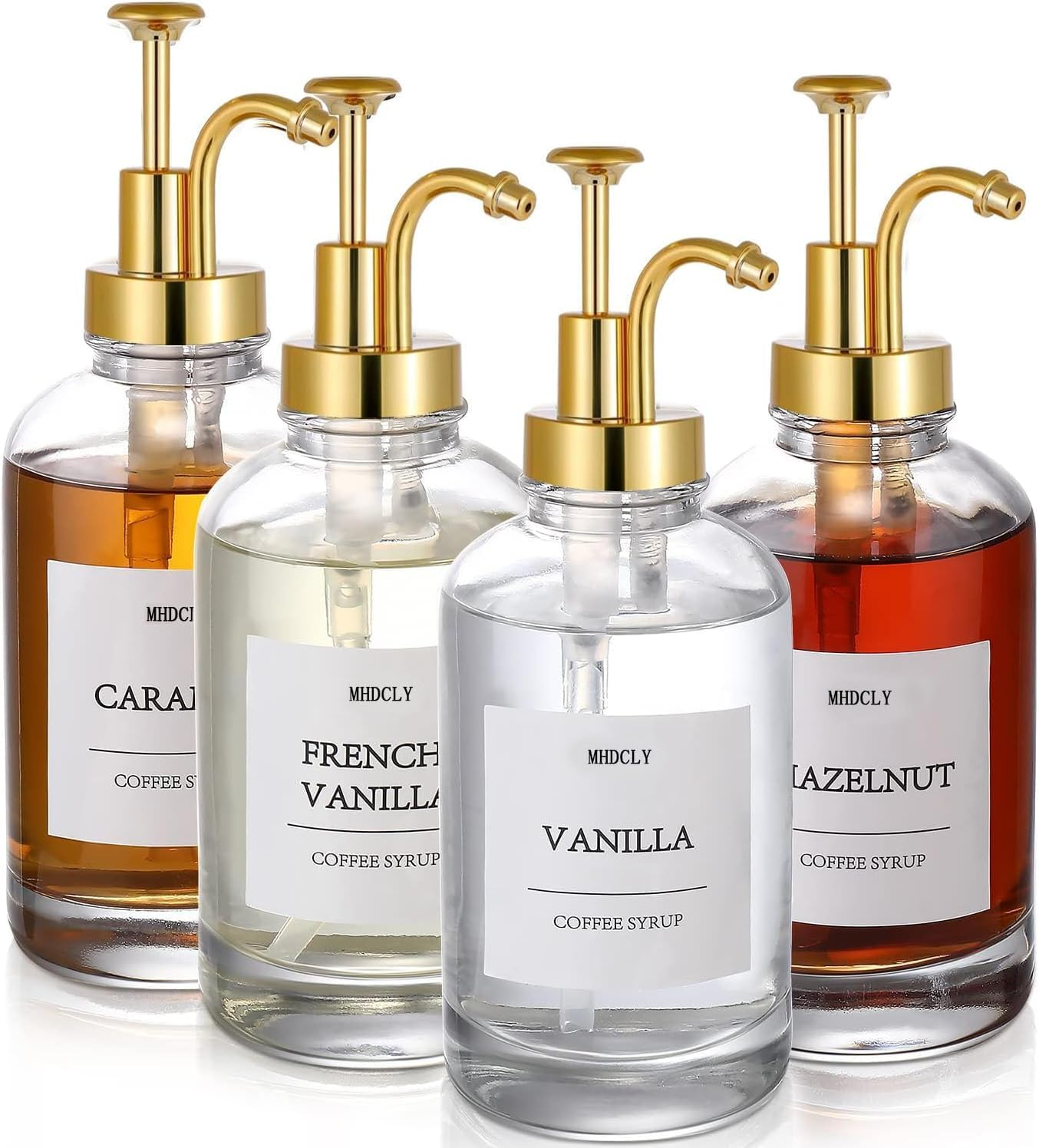 Coffee Bar Accessories,Mhdcly Coffee Syrup Dispenser - 4Pack,16.9Oz Syrup Dispenser with Labels,Syrup Pump Dispenser for Coffee Bar(Gold Pump) image number 6