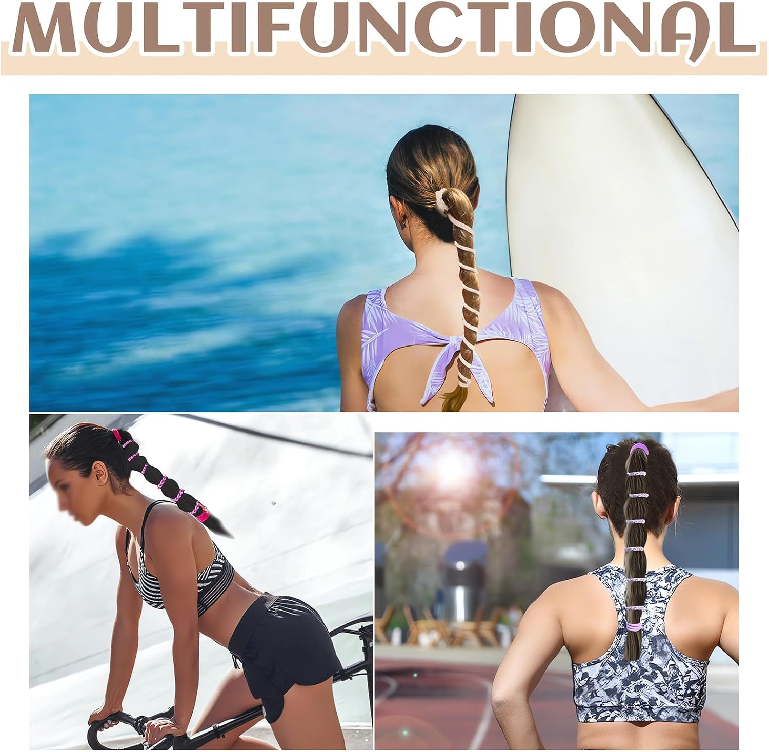 6 Pieces Elastic Spiral Hair Ties for Sport 25.1" & 35", Colorful No Damage Braided Ponytail Holders Wrap for Thick Curly Thin Long Hair Swimming Riding Diving Surfing image number 5