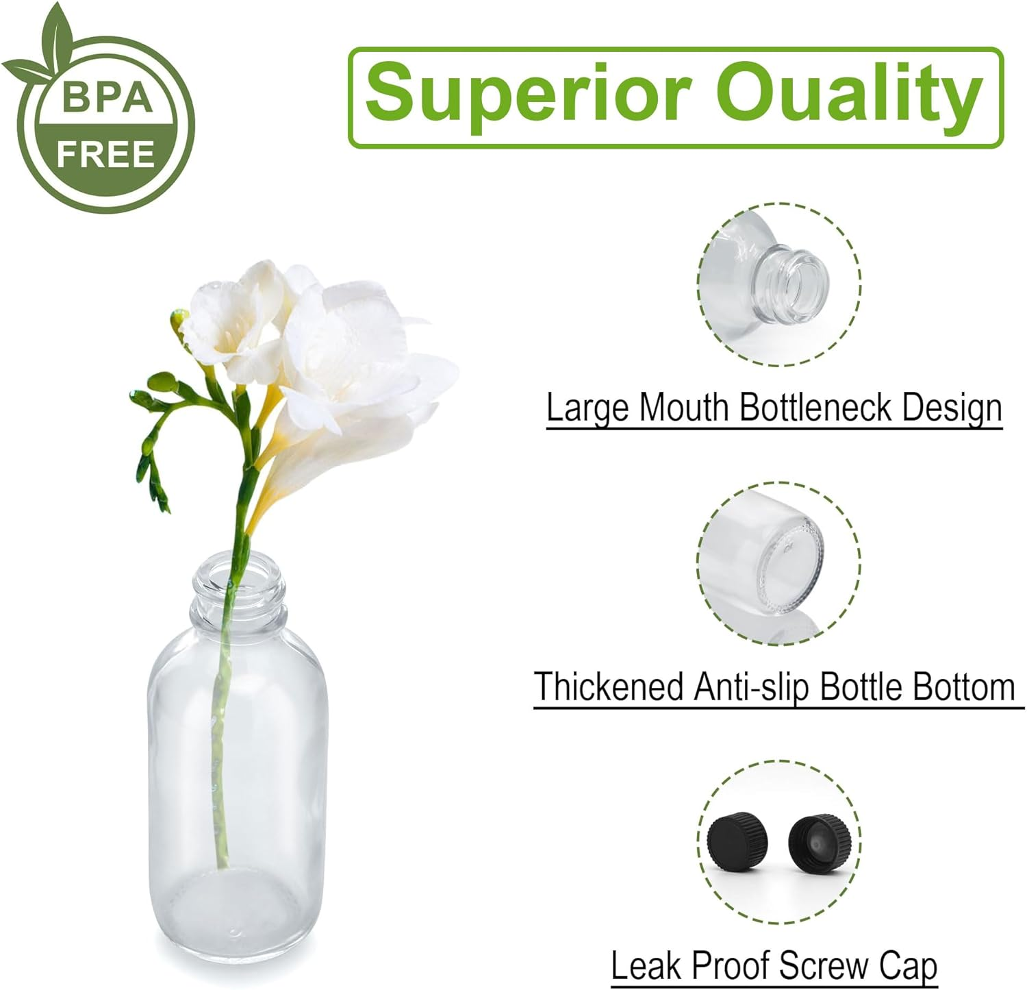 12&times;2 Oz Small Clear Glass Bottles with Lid & 3 Stainless Steel Funnels - 60Ml Boston Sample Bottles - Mini Travel Essential or Decorative Bottles for Potion, Juice, Ginger Shots, Whiskey (12) image number 5