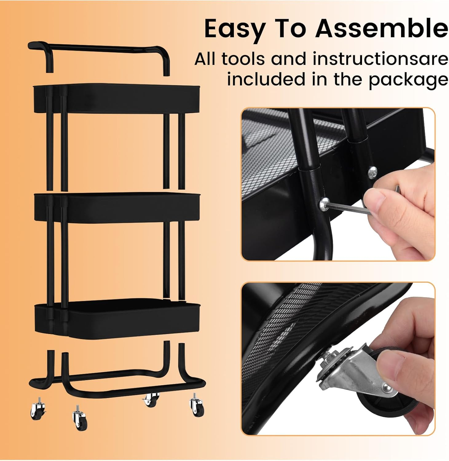 DAWNTREES Black 3 Tier Plastic Basket Trolley with Wheels, Multifunctional Metal Kitchen Storage Trolley, Mobile Storage Rack, Suitable for Office, Home, Kitchen, Garden