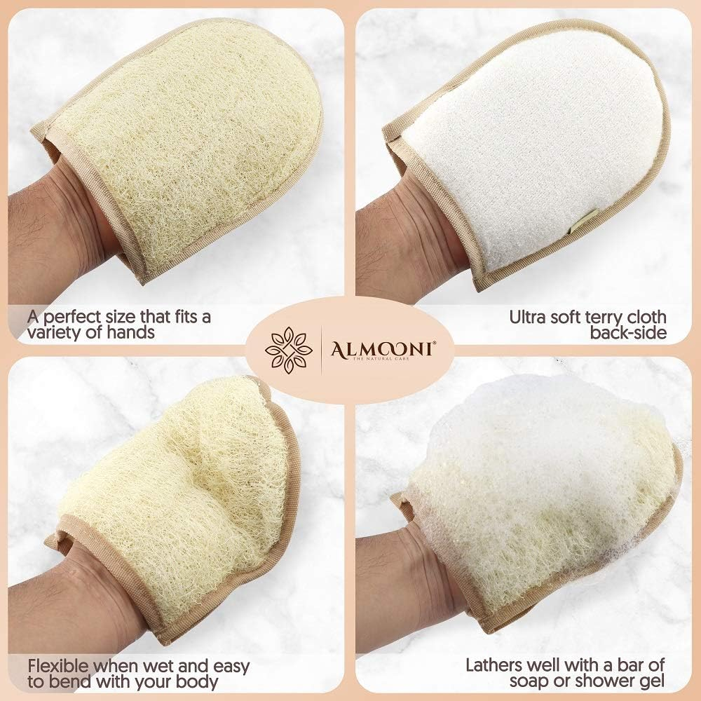 Premium Exfoliating Loofah Glove Pad Body Scrubber. Our Mitt Gloves Are Made of Natural Egyptian Shower Loufa Sponge and Soft Cotton Materials (2 Pack) image number 6