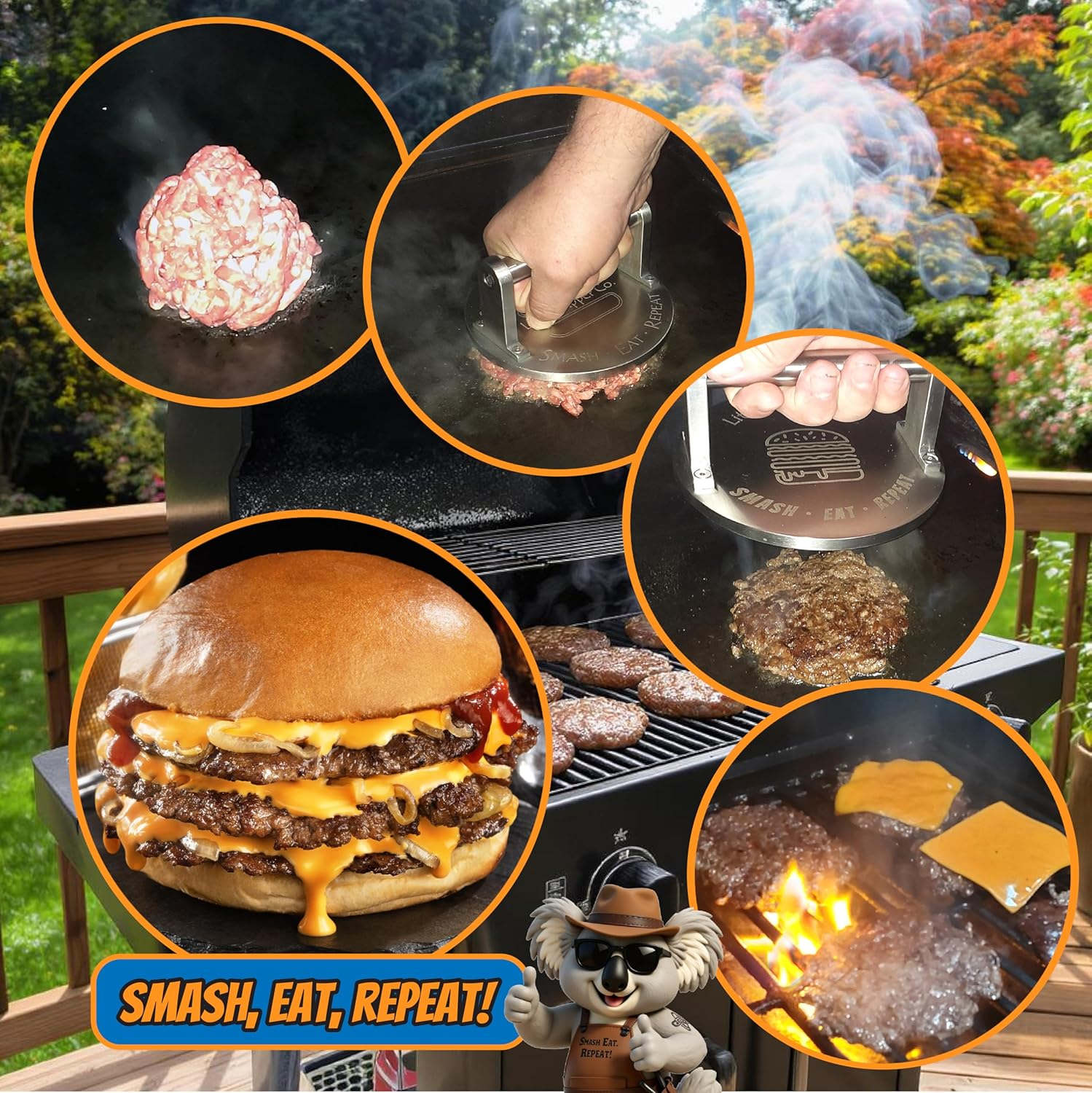 1.5Kg Smash Burger Press. Heavy Duty Commercial Quality Food Grade 304 Stainless Steel for BBQ & Kitchen Use. 150Mm Wide X 8Mm Thick Flat Base. Dishwasher Safe image number 1