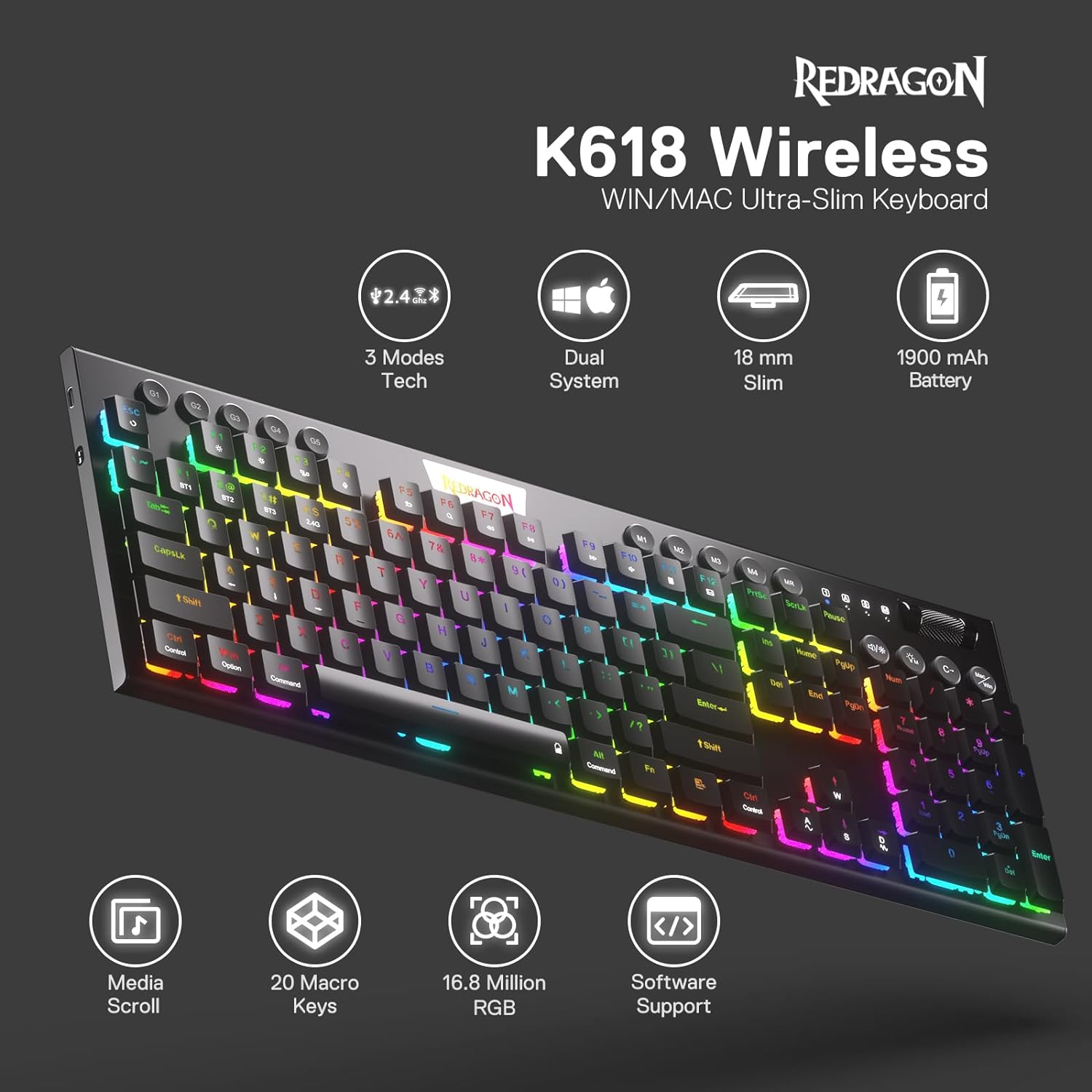 Redragon K618 Horus Wireless RGB Mechanical Keyboard, Bluetooth/2.4Ghz/Wired Tri-Mode Ultra-Thin Low Profile Gaming Keyboard W/No-Lag Cordless Connection, Dedicated Media Control & Linear Red Switch image number 4