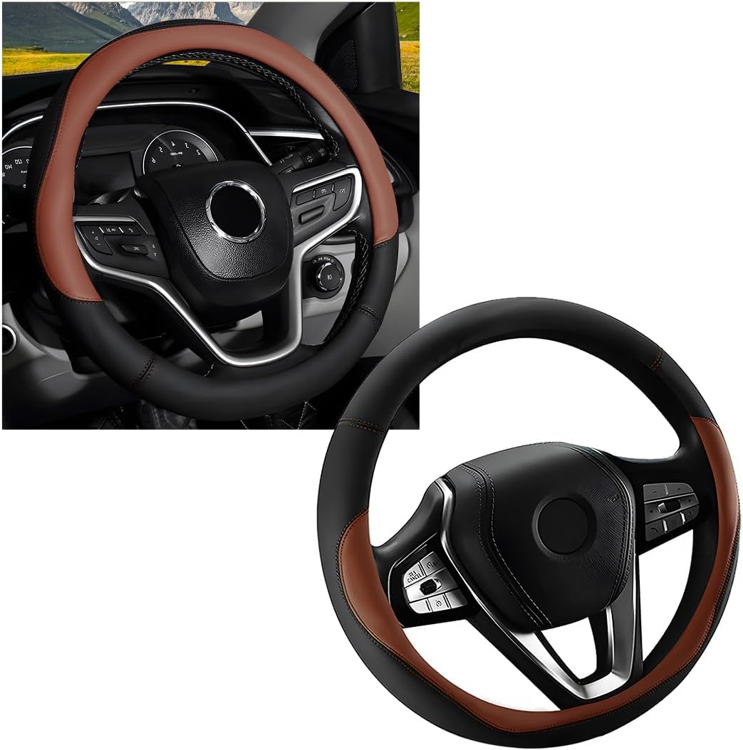 Car Steering Wheel Cover, Premium Leather Steering Wheel Protector with Anti-Slip Lining, Universal 15" Soft Breathable Auto Steering Wheel Cover, Interior Car Accessories (Black)