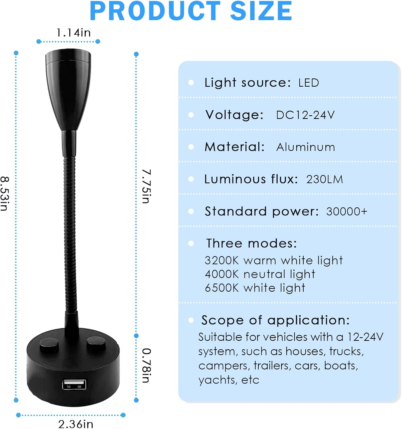 Tznpnor 2 Pack 12-24V RV LED Bedside Light USB Charging Port Gooseneck LED Spotlight, Touch Dimming 360&deg; Rotating Spotlight for Camper Travel Truck Trailer RV Bedside Lamp (Black)