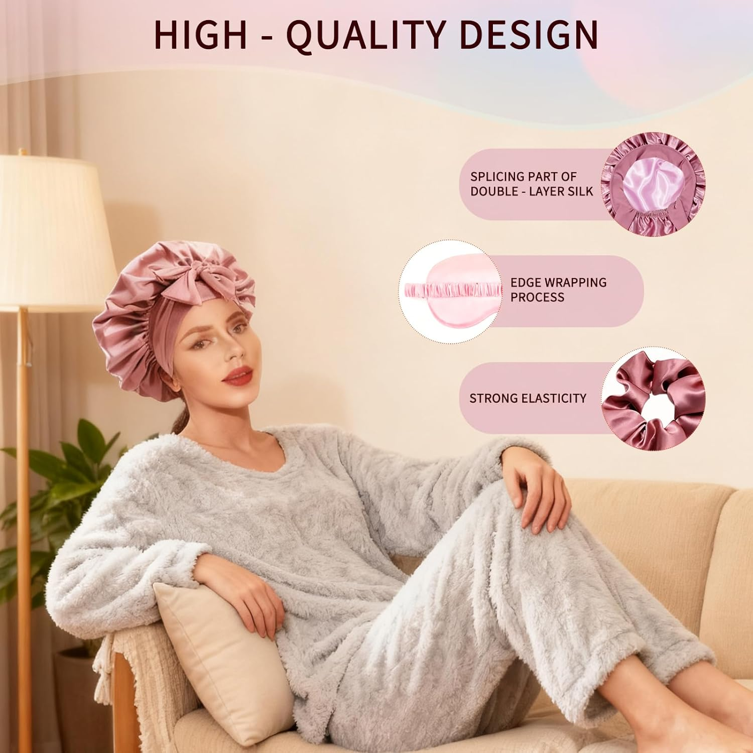 Langtaojin Silk Bonnets Collection:Double-Laver Hair Bonnet. Eye Mask & 2 Hair Ties for Overnight Care & Comfort. Soft Silk Bonnet for Comfortable Sleep Pink image number 1