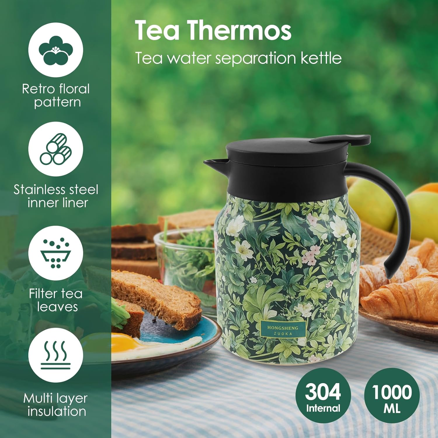 Vintage Floral Pattern Tea Thermos, 1000Ml Thermos Tea Pot, Vintage Floral Pattern Tea-Built-In Infuser, Stainless Steel Insulated Tea Kettle, Household Insulated Teapot Tea Pot Kettle for Home Office