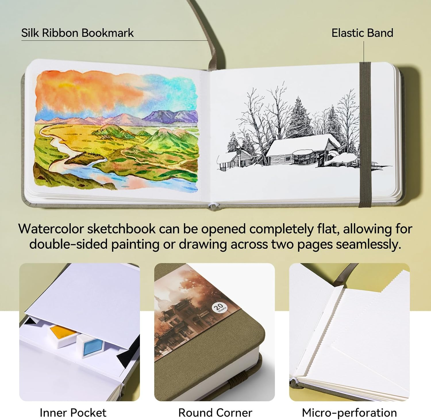 Lightwish Watercolor Sketchbook, 100% Cotton Cold Press Art Supplies Watercolor Paper Journal 3.8 * 5.1In, 2 Pack 40 Sheets (140Lb/300Gsm), Acid-Free for Watercolors, Gouache, Acrylics image number 4