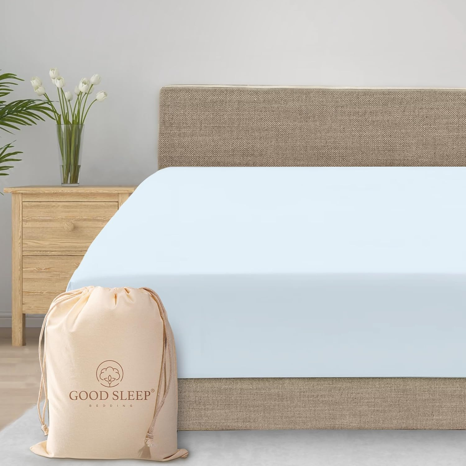 Good Sleep Bedding Queen Size Fitted Sheet Only - Soft & Breathable, Luxury 1000 Thread Count 16" Deep Pocket Queen Fitted Sheet, 100% Egyptian Cotton Fitted Sheet Queen - Light Blue Fitted Sheets