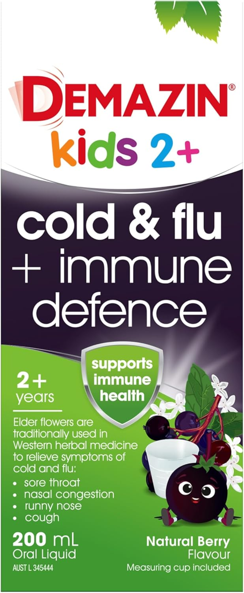 Demazin Cold and Flu + Immune Defence Natural Berry Oral Liquid for 2+ Years Kids 200 Ml image number 1