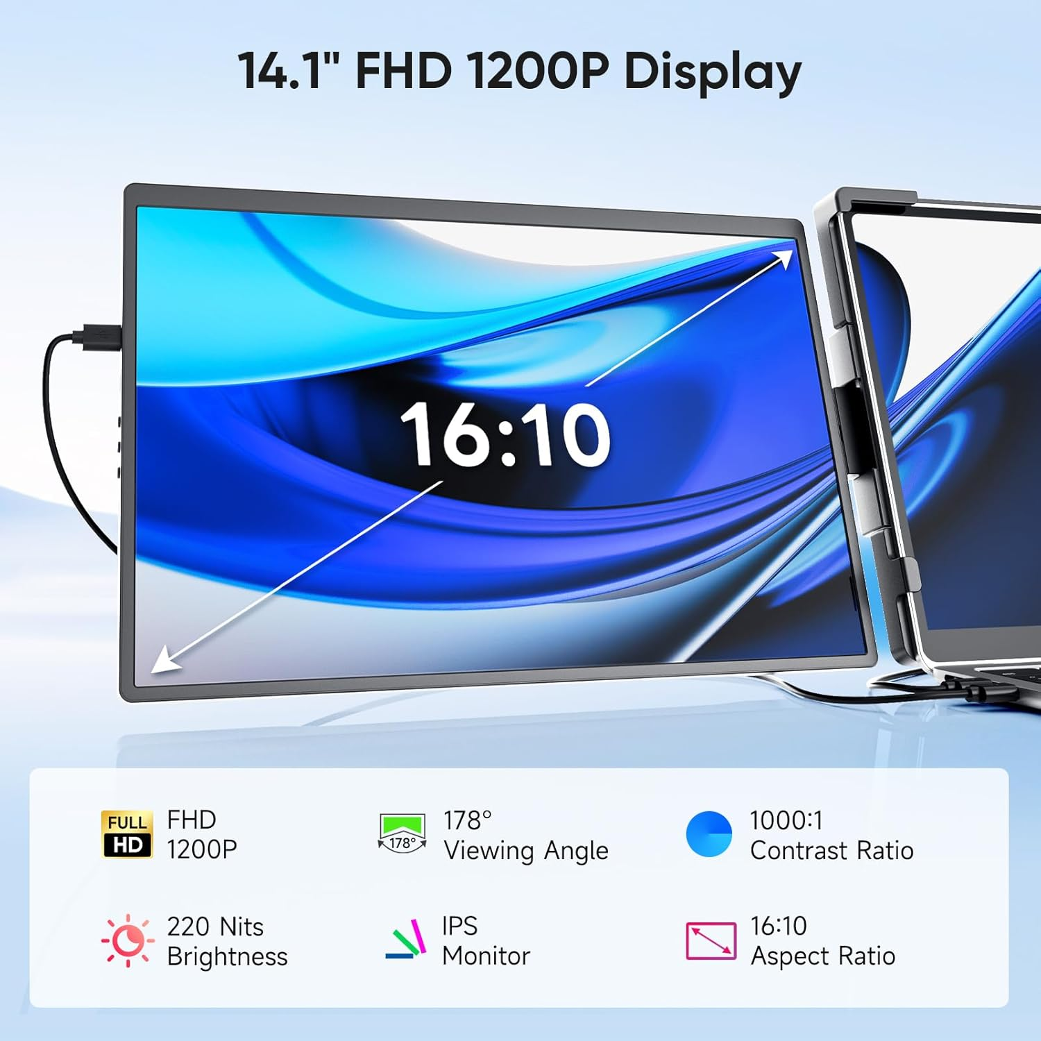 Laptop Screen Extender, 14" FHD 1200P IPS Triple Portable Monitor for Laptop, Screen Extender Monitors for 14"-17.3" Carry a USB Flash Drive，Plug & Play Compatible with Wins, Mac, Android image number 3