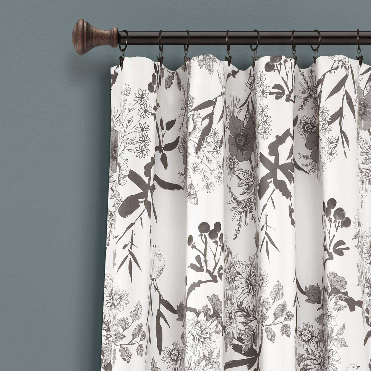 Lush Decor Botanical Garden Curtains Floral Bird Print Room Darkening Window Panel Drapes Set for Living, Dining, Bedroom (Pair), Gray & White, 52" W X 95L image number 4