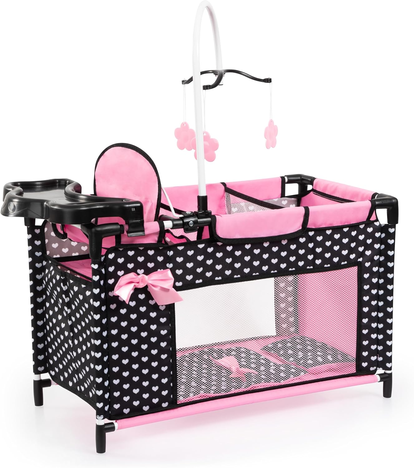 Bayer Design 62660AA Doll'S Bed with Cupboard, Seat, Mobile, Shelf, Duvet, Cushion, Black, Pink