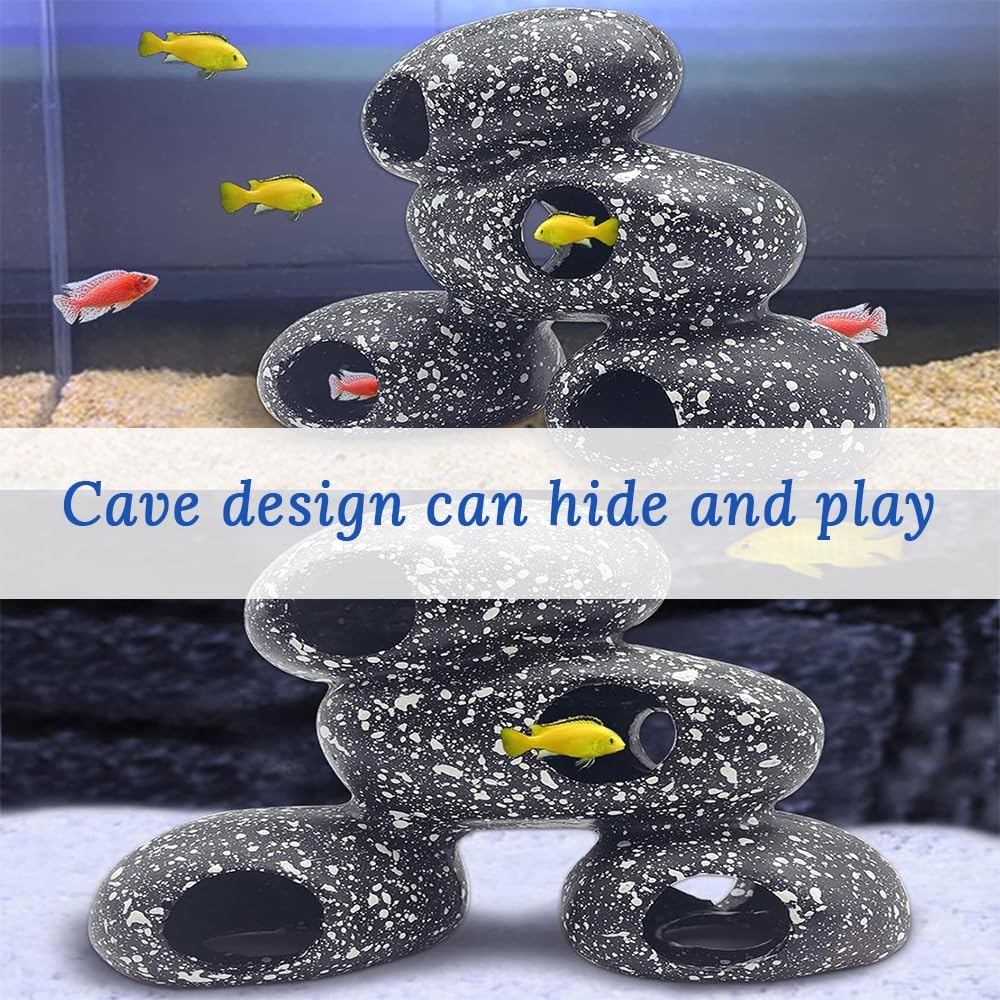 Aquarium Stone Hideout Decoration, Fish Tank Landscaping Decoration, Betta Fish Cave Hideout for Aquatic Pets Breeding, Playing, Resting, Shrimp, Dwarf Snapper (Black) image number 3