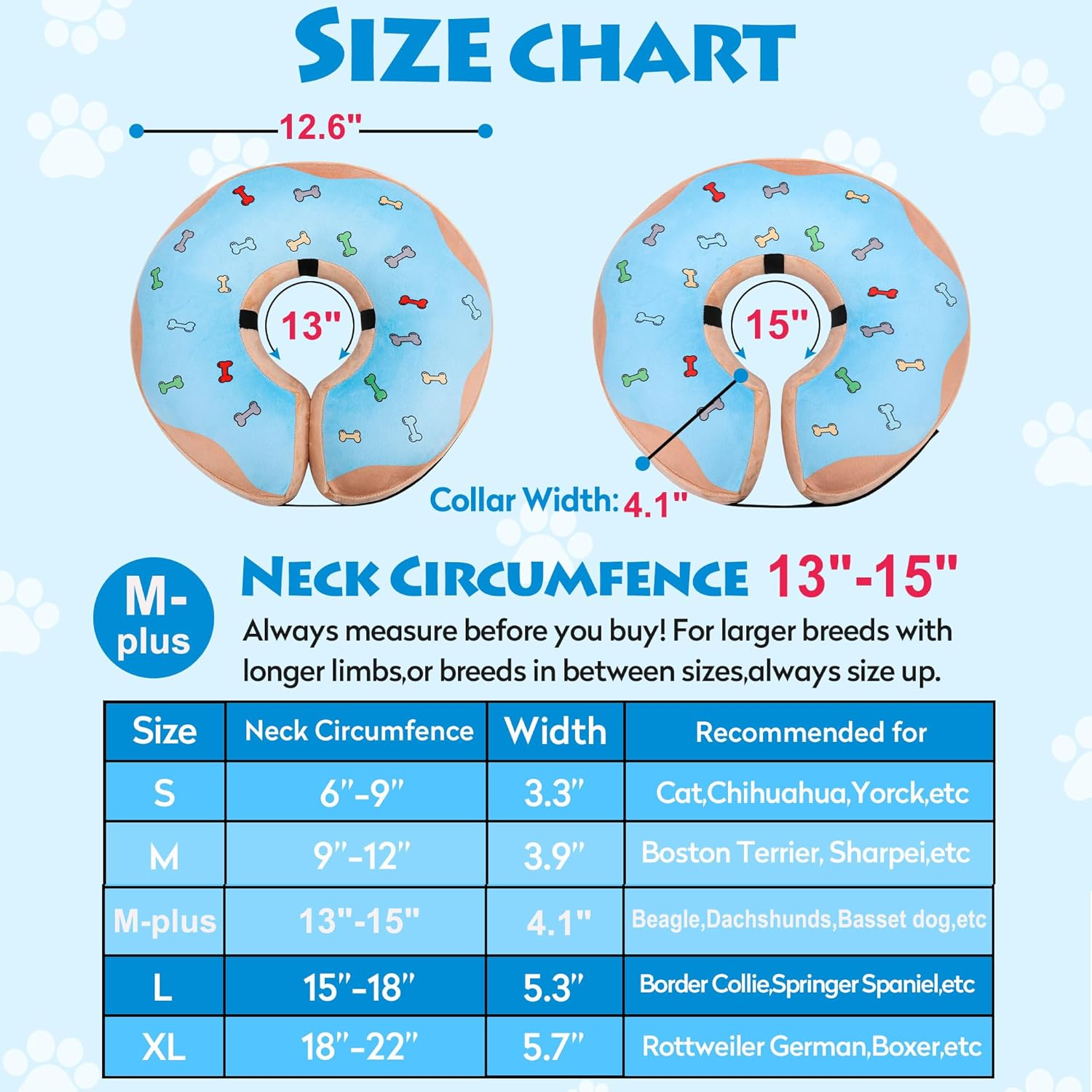 Inflatable Recovery Dog Cone, Protection Dount Collar for Small Medium Large Dogs, Adjustable Soft E-Collar for Dogs and Cats after Surgery, Cute Dog Bone Pattern (Blue, Medium-Plus) image number 5