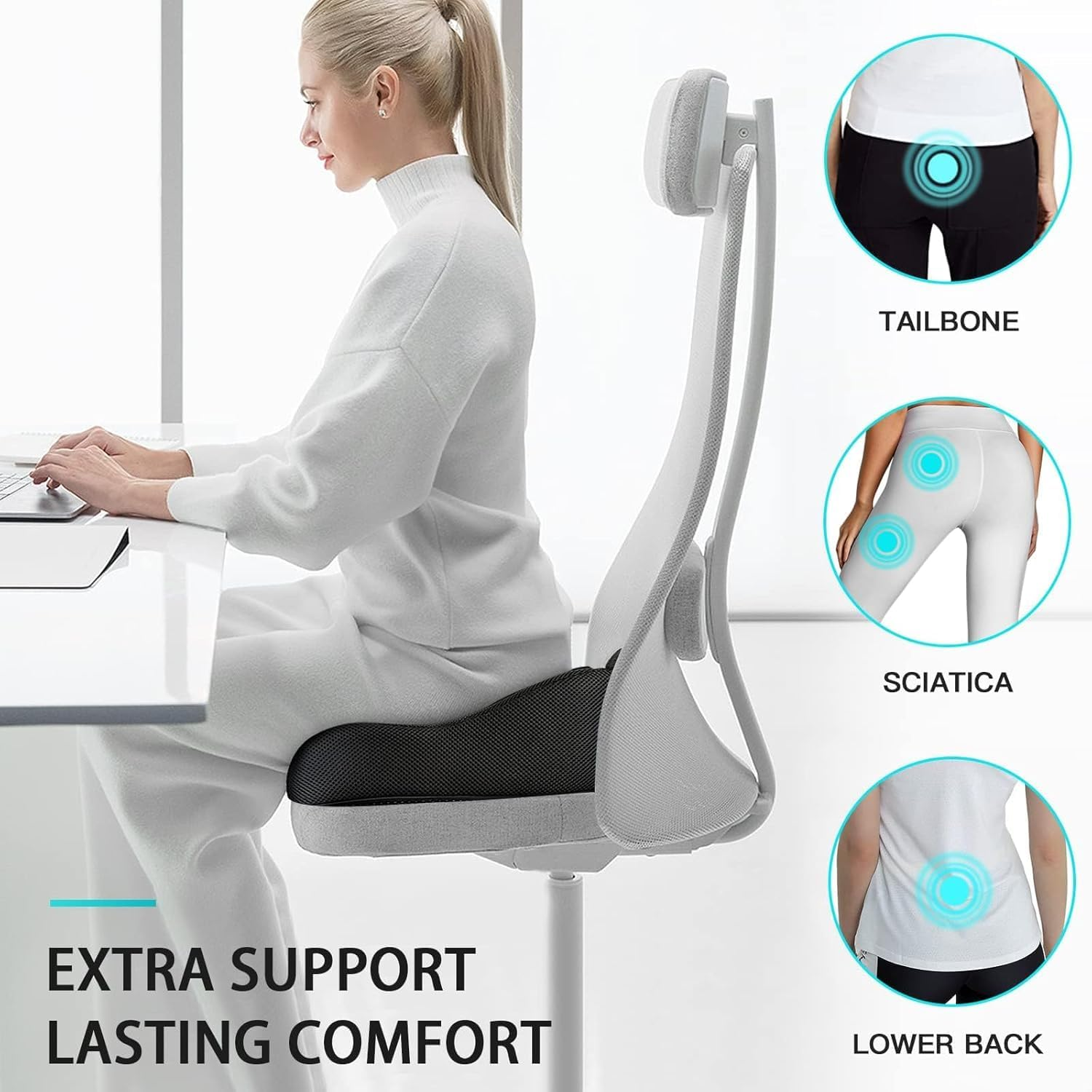 Benazcap Memory Seat Cushion for Office Chair Pressure Relief Sciatica & Tailbone Pain Relief Memory Foam Firm Coccyx Pad for Long Sitting, for Office Chair, Gaming Chair and Car Seat, Black