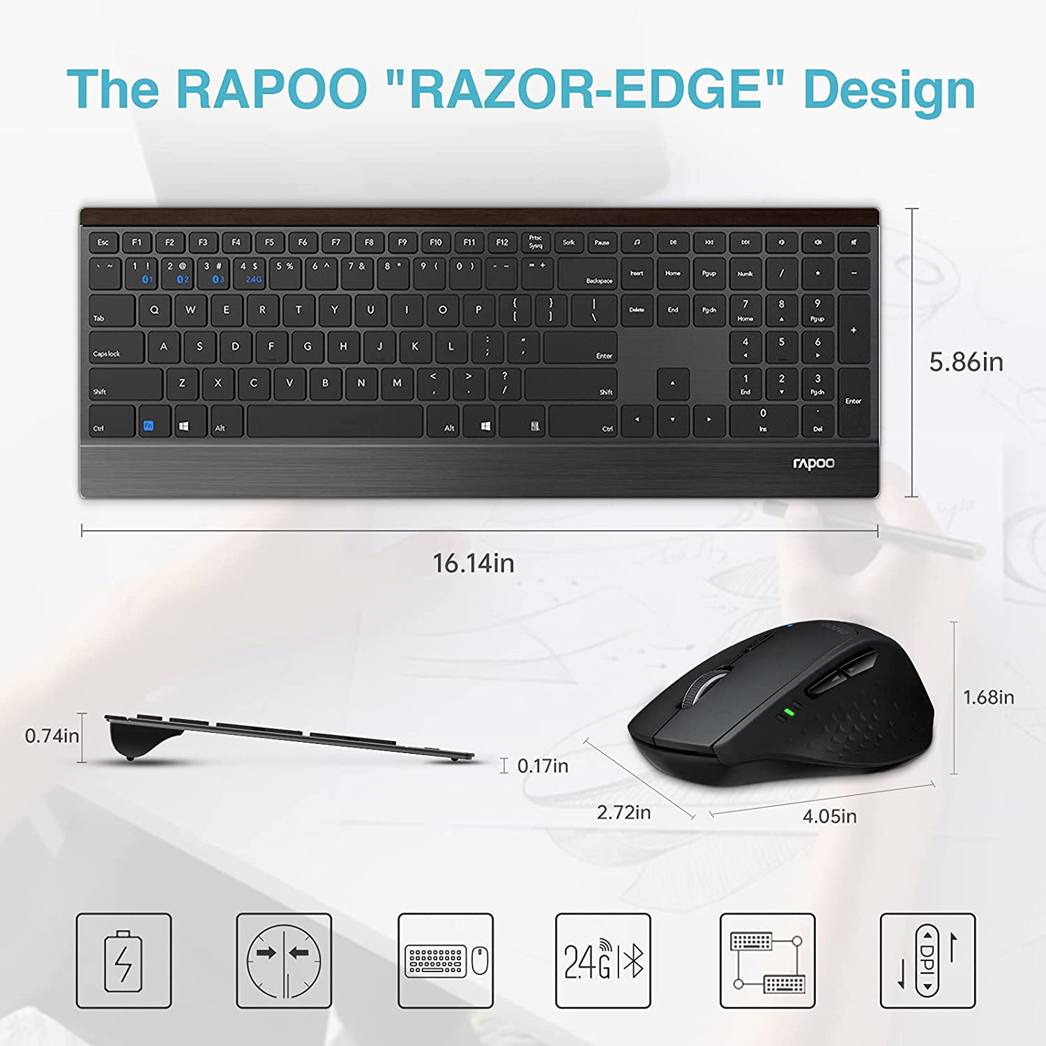 Wireless Keyboard and Mouse Combo, RAPOO 9500M Multi-Device Wireless Keyboard and Mouse Combo, Portable Ultra-Slim Keyboard and Mouse Set, Computer Keyboard for Windows 10/Android/Mac OS image number 4