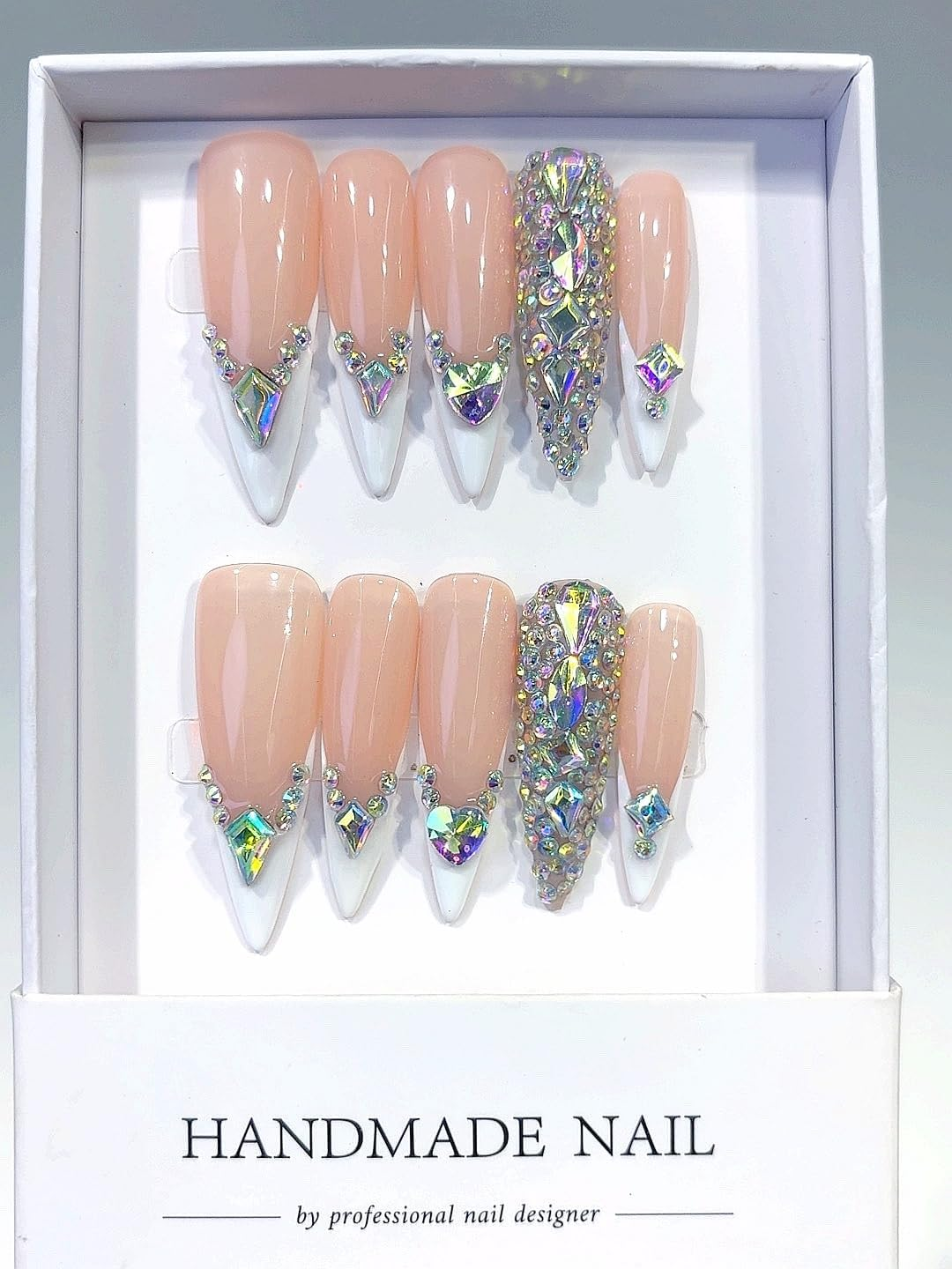 Press-On Nails Set, Nude Pink with Iridescent Crystal Rhinestones, Long Coffin Shape, Professional Manicure Art Tips (L155, Medium) image number 4
