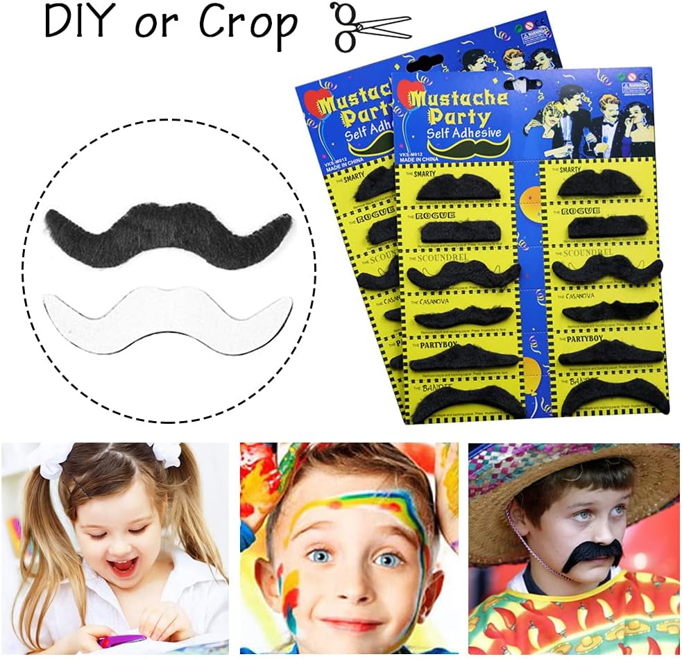 Uyuxxu 24 Pcs Black Fake Mustaches,Novelty Self Adhesive Mustaches,Fancy Costume Fake Moustaches Stickers Set for Masquerade Party or Halloween, Black image number 4