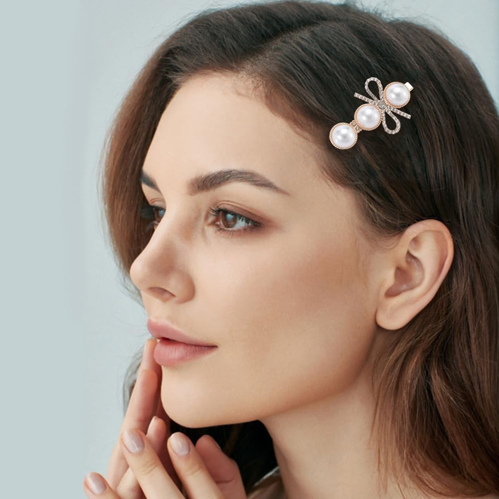 SOFPLATE 22Pcs 4 Styles White Pearl Hair Barrette Bobby Pin Hair Clips Elegant Alloy Gold Flower Leaf Triangle Decorative Headwear Accessories Kit for Long Short Wedding Party Hairstyle DIY Decoration image number 4