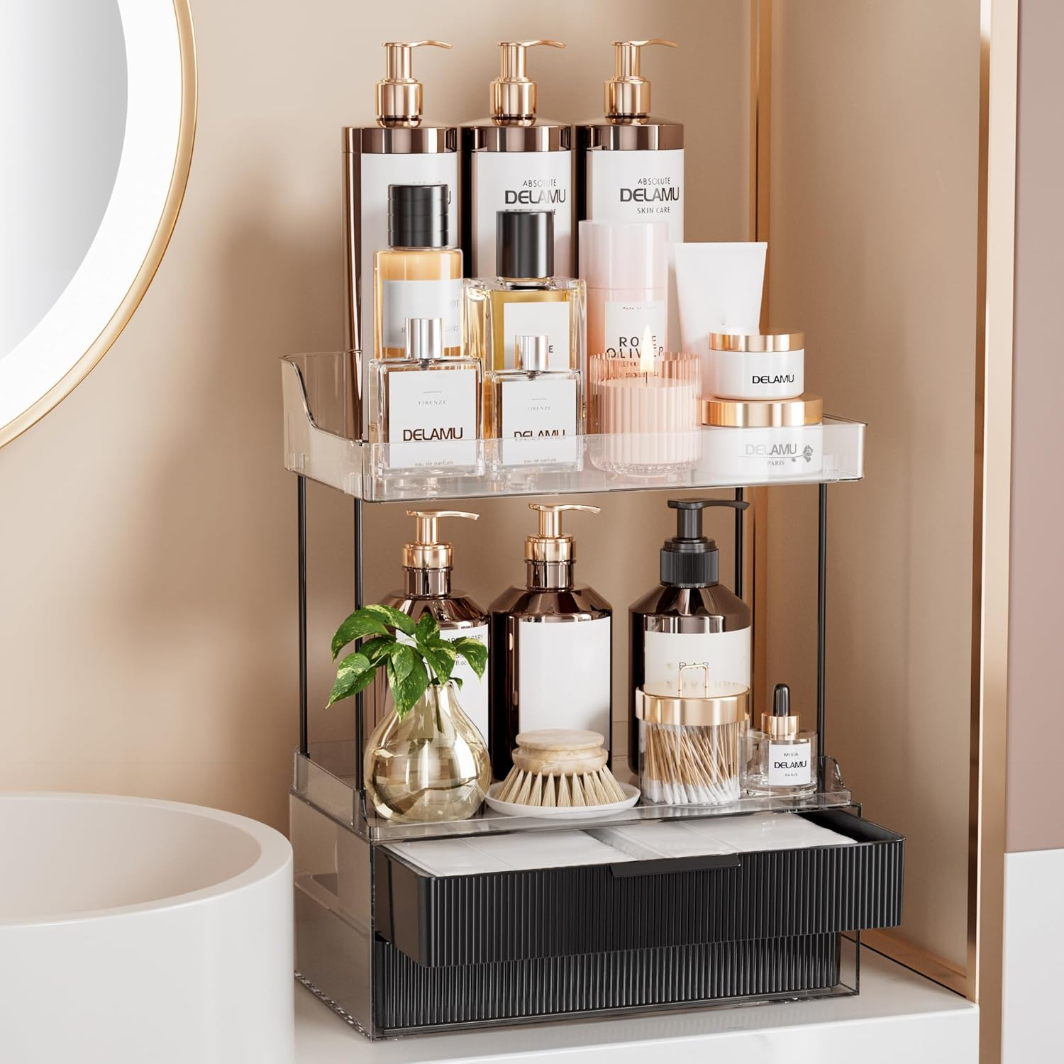 Delamu Makeup Organiser Storage, 2-Tier 2-Drawer Make up Organiser Countertop, Easy to Install, Ideal for Bathroom Storage, Vanity, Large Skincare, Perfume, Present, and More, Amber